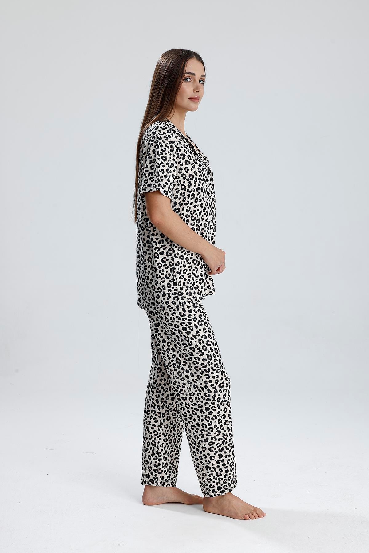 Kadın Leopar Desen Önden Düğmeli Pijama Takım