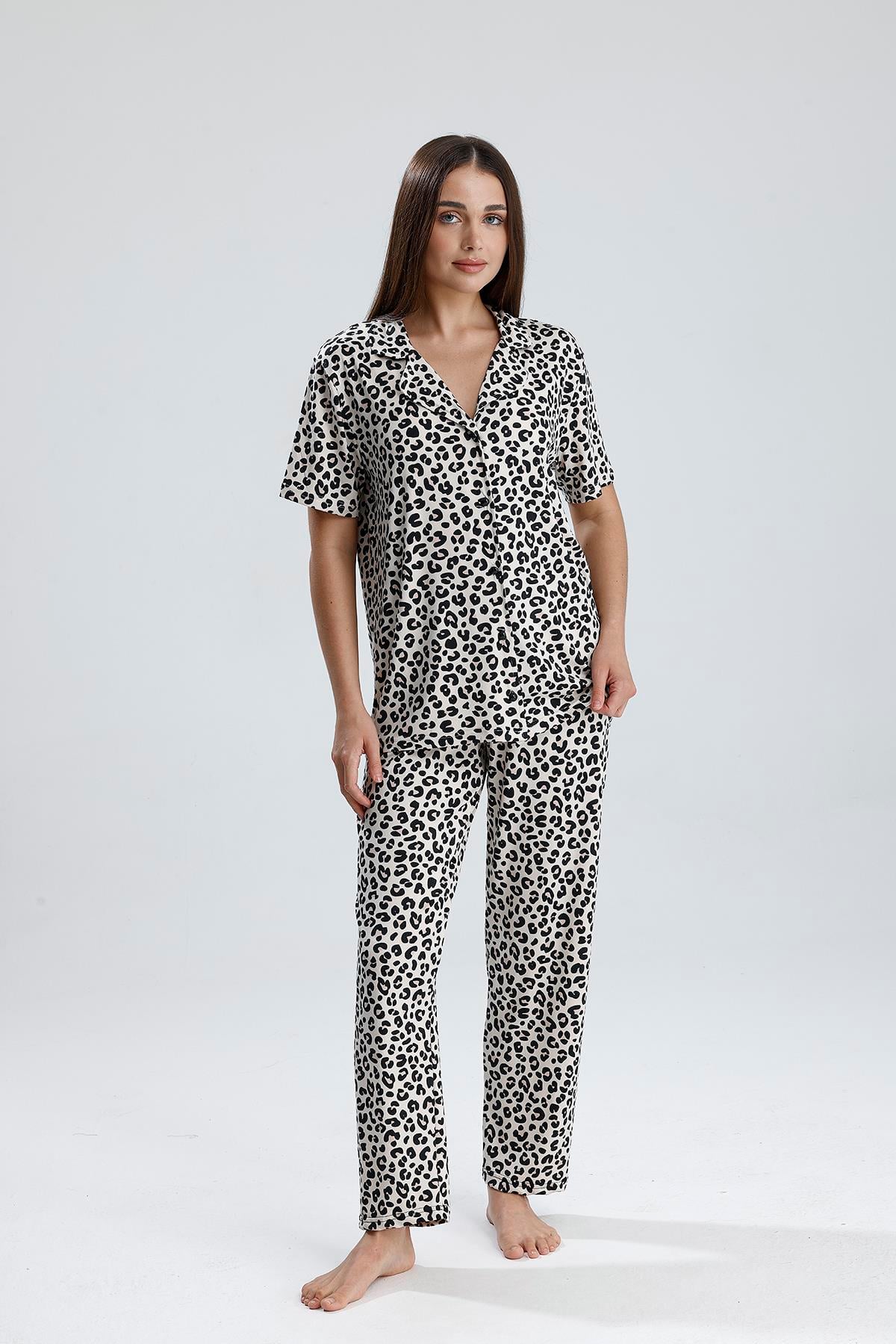 Kadın Leopar Desen Önden Düğmeli Pijama Takım