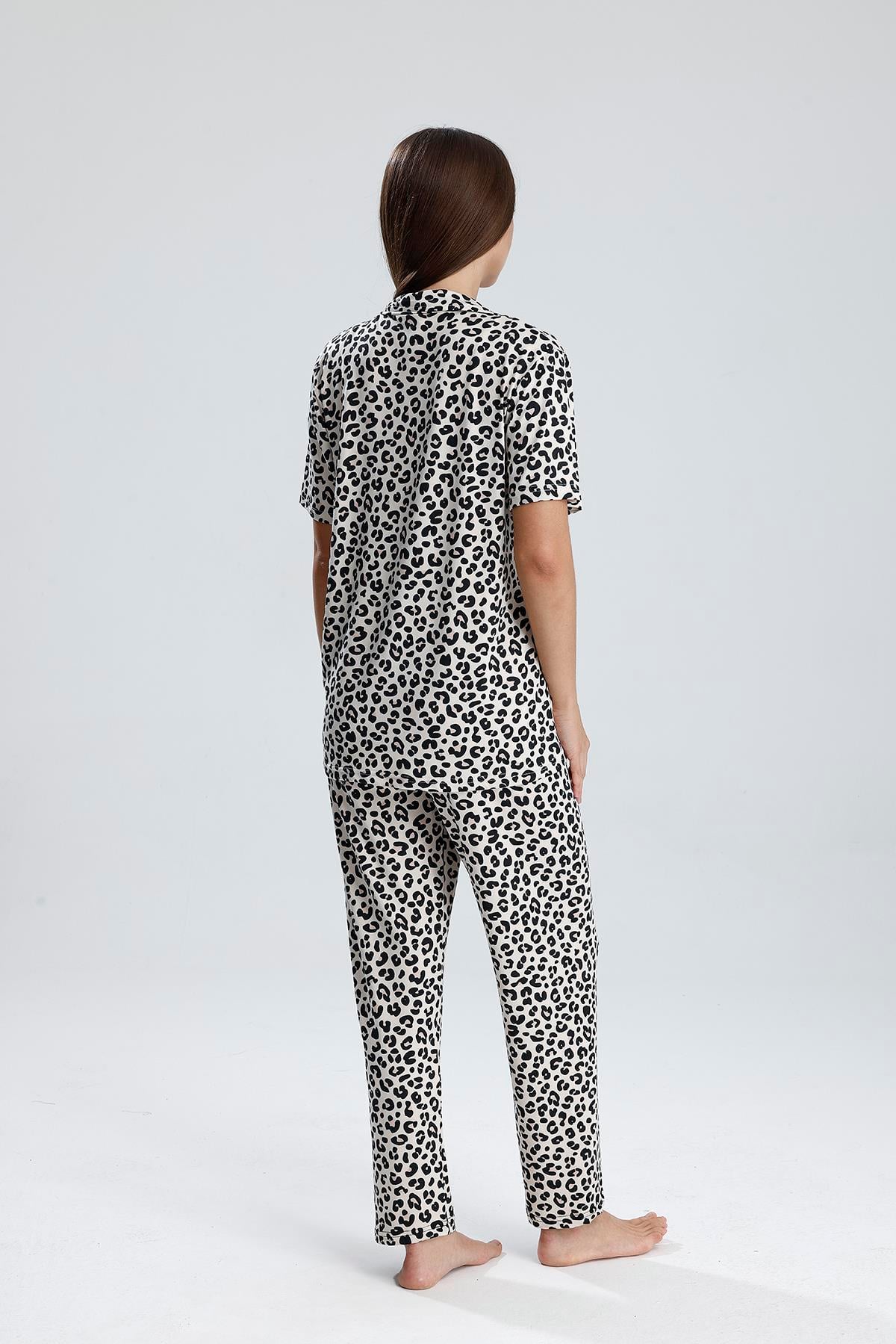 Kadın Leopar Desen Önden Düğmeli Pijama Takım