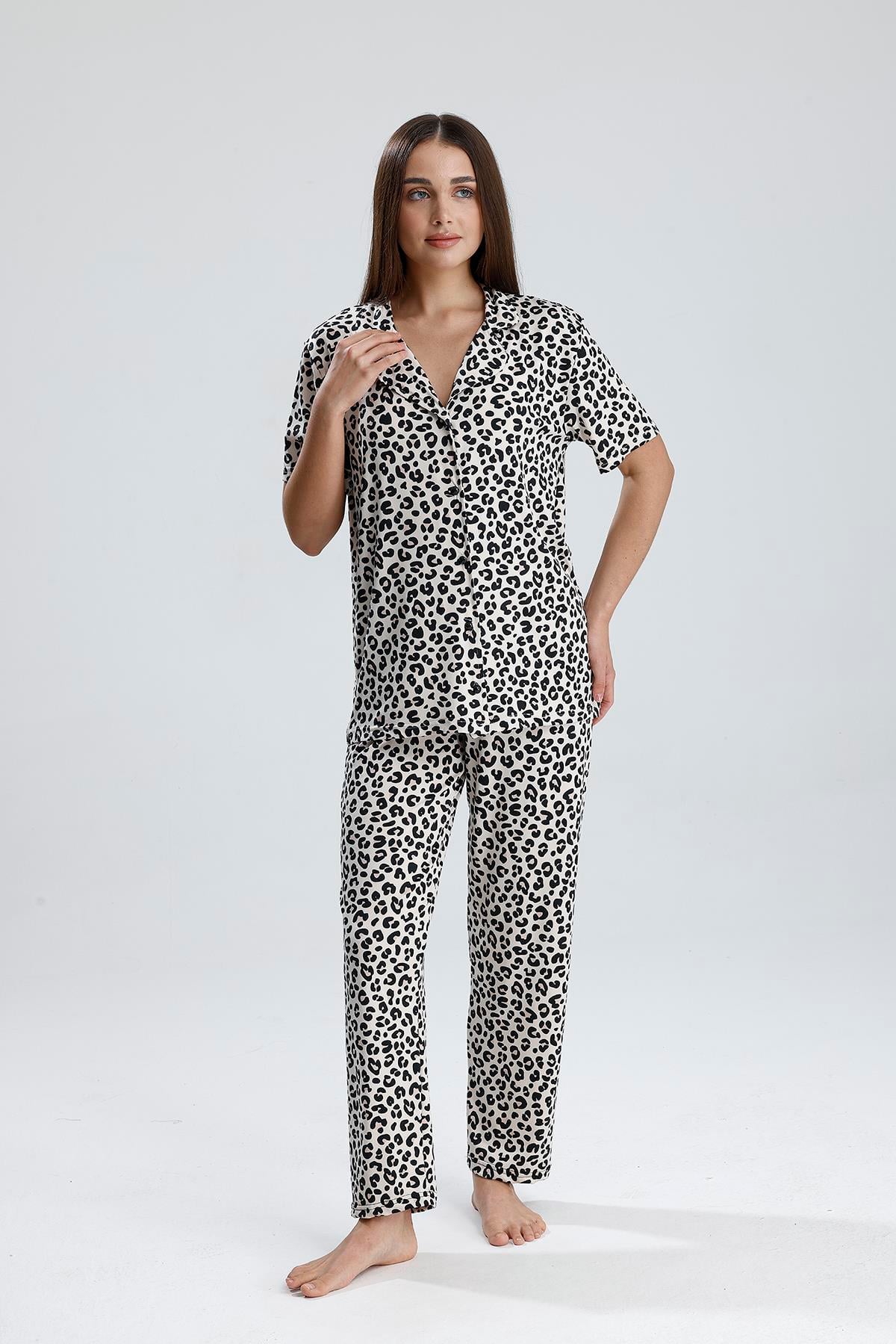 Kadın Leopar Desen Önden Düğmeli Pijama Takım
