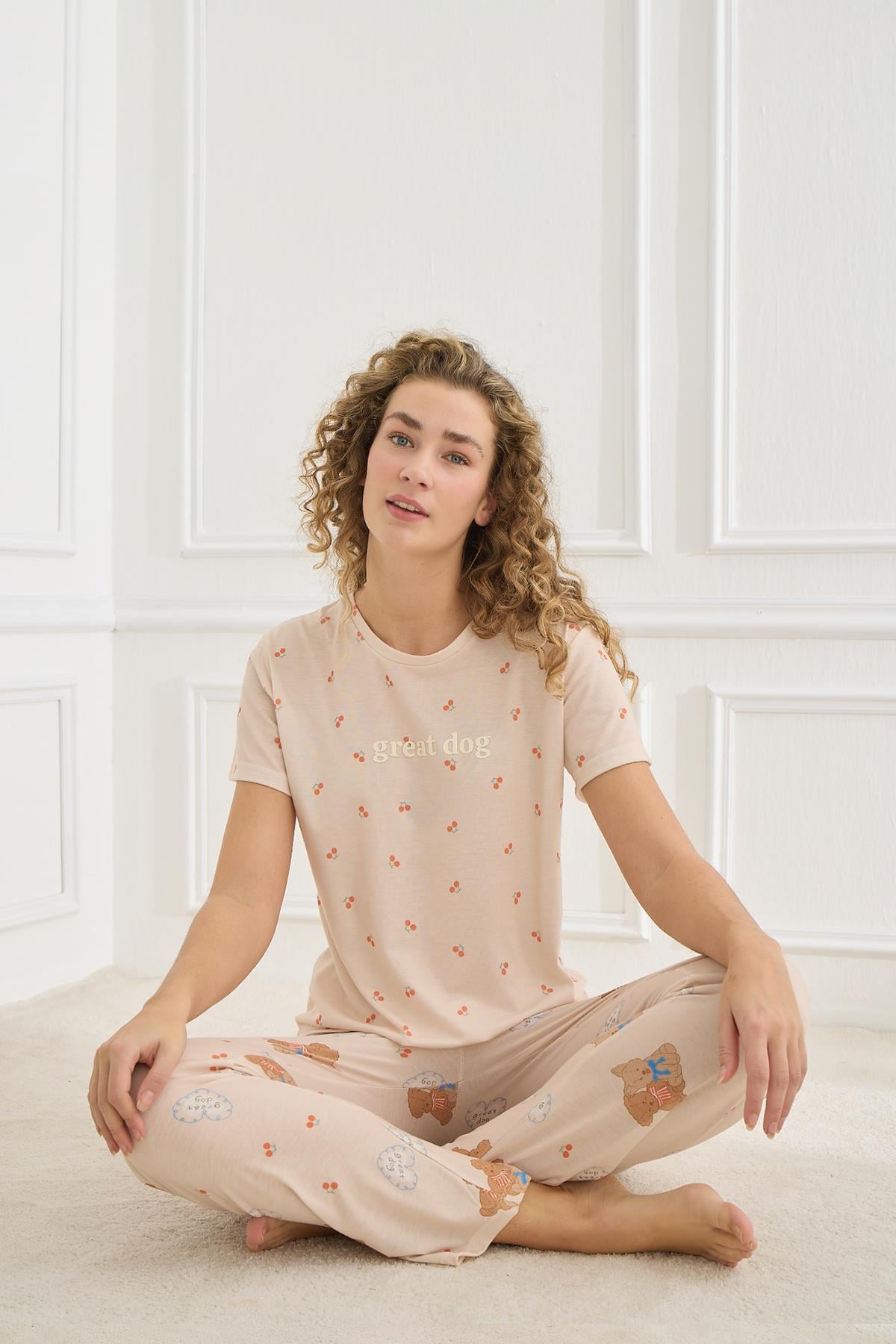 Kadın Likralı Süprem Bisiklet Yaka Pijama Takım | 70109-925