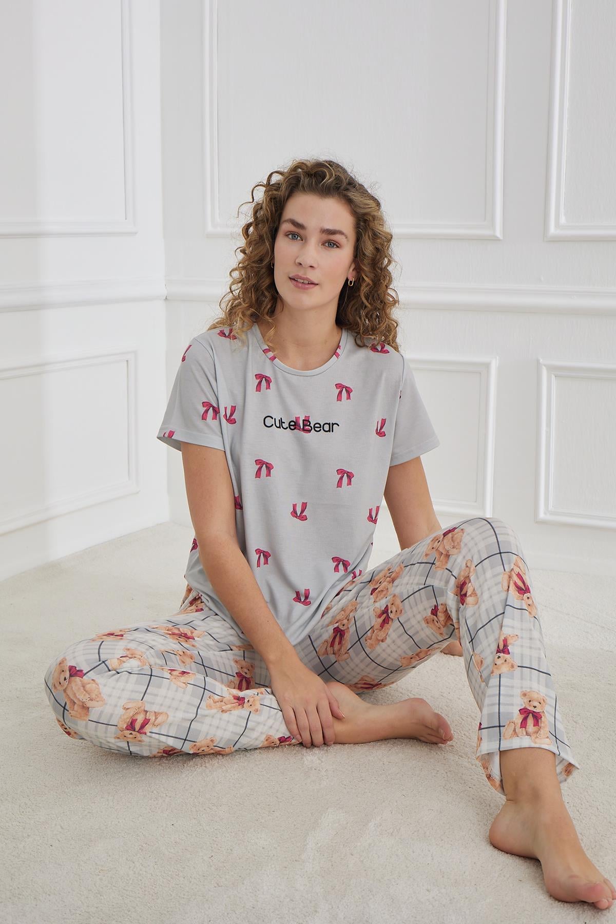 Kadın Likralı Süprem Bisiklet Yaka Pijama Takım | 70109-1220