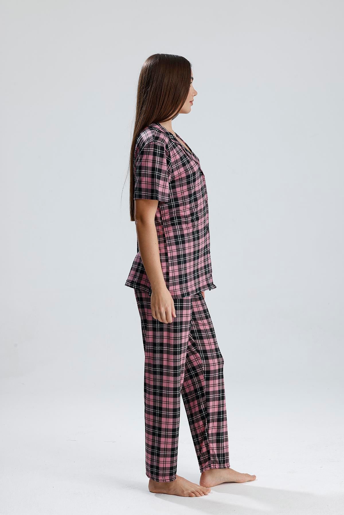 Kadın Önden Düğmeli Pijama Takım Ekose Pembe
