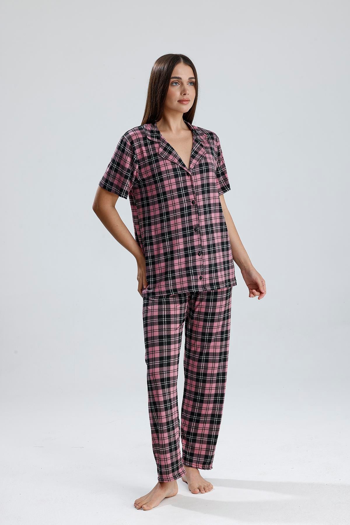 Kadın Önden Düğmeli Pijama Takım Ekose Pembe