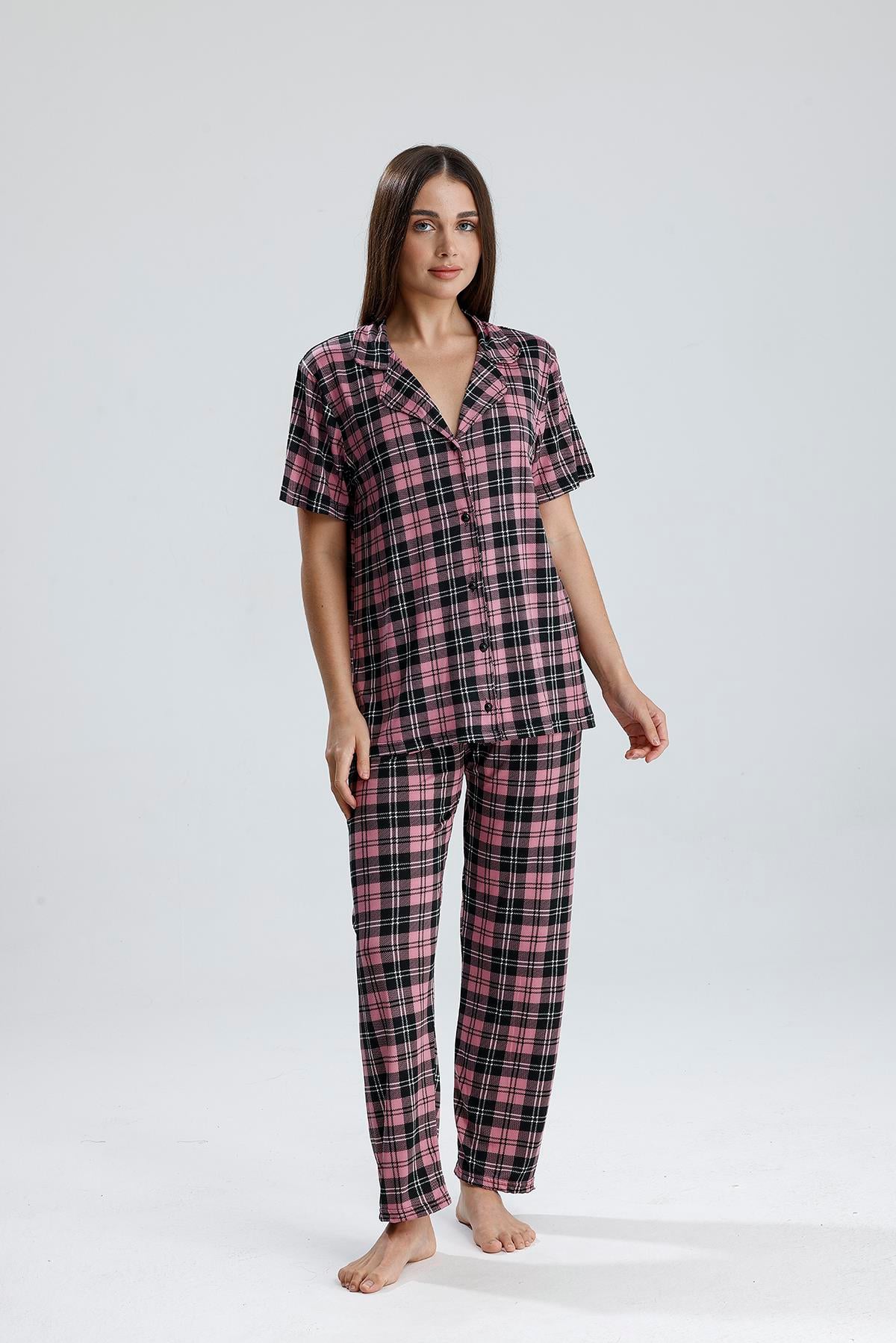 Kadın Önden Düğmeli Pijama Takım Ekose Pembe