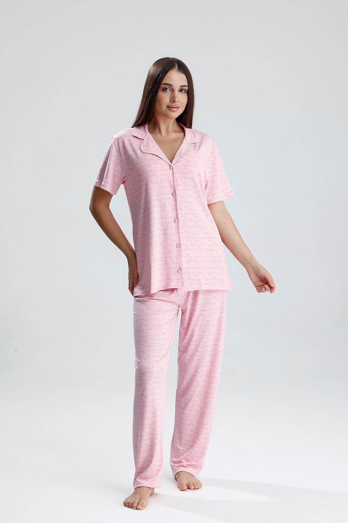 Kadın Önden Düğmeli  Pijama Takım | Pembe Paris