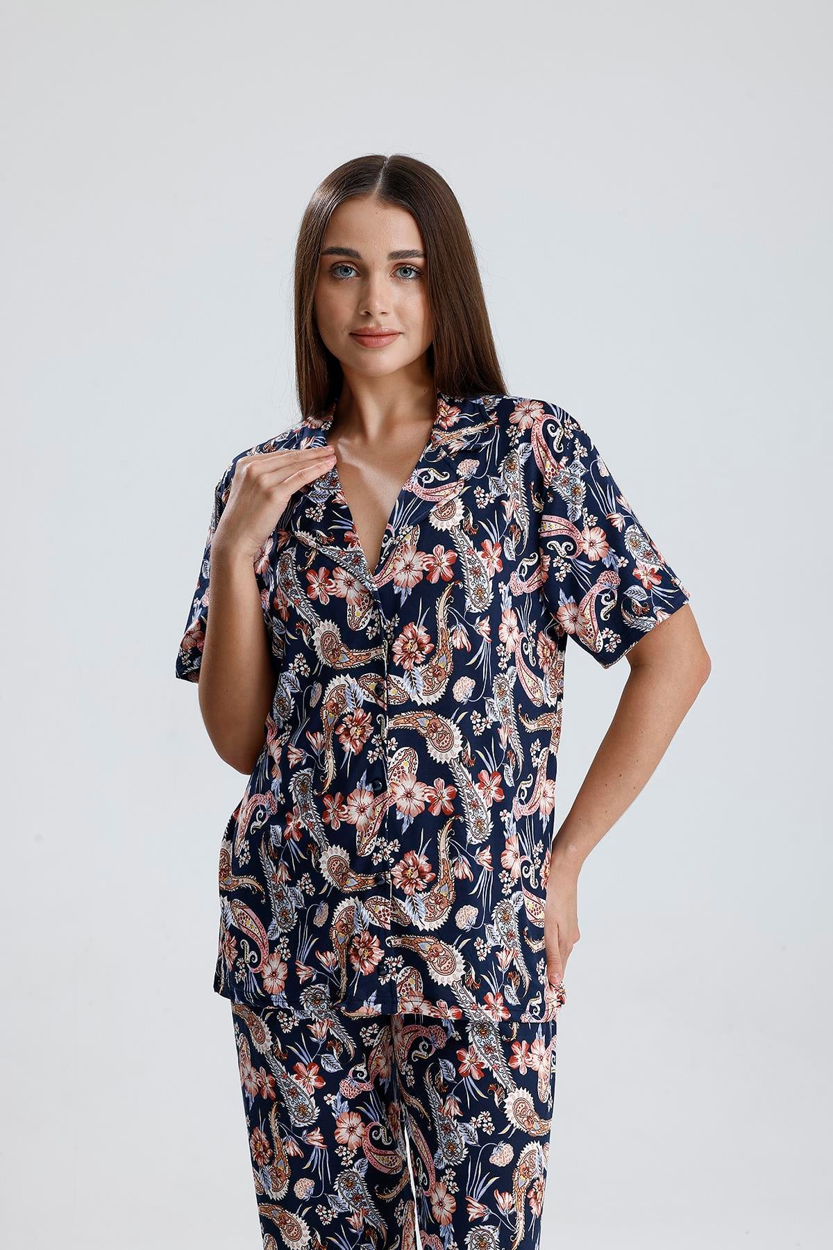 Kadın Önden Düğmeli Şal Desen Pijama Takım 