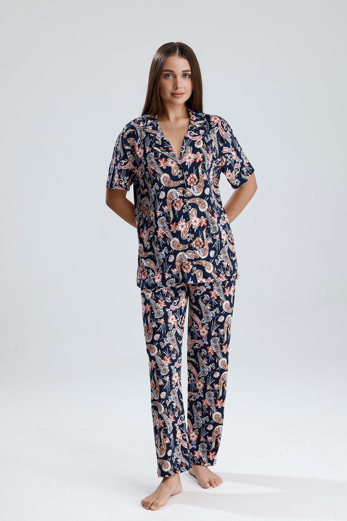 Kadın Önden Düğmeli Şal Desen Pijama Takım 