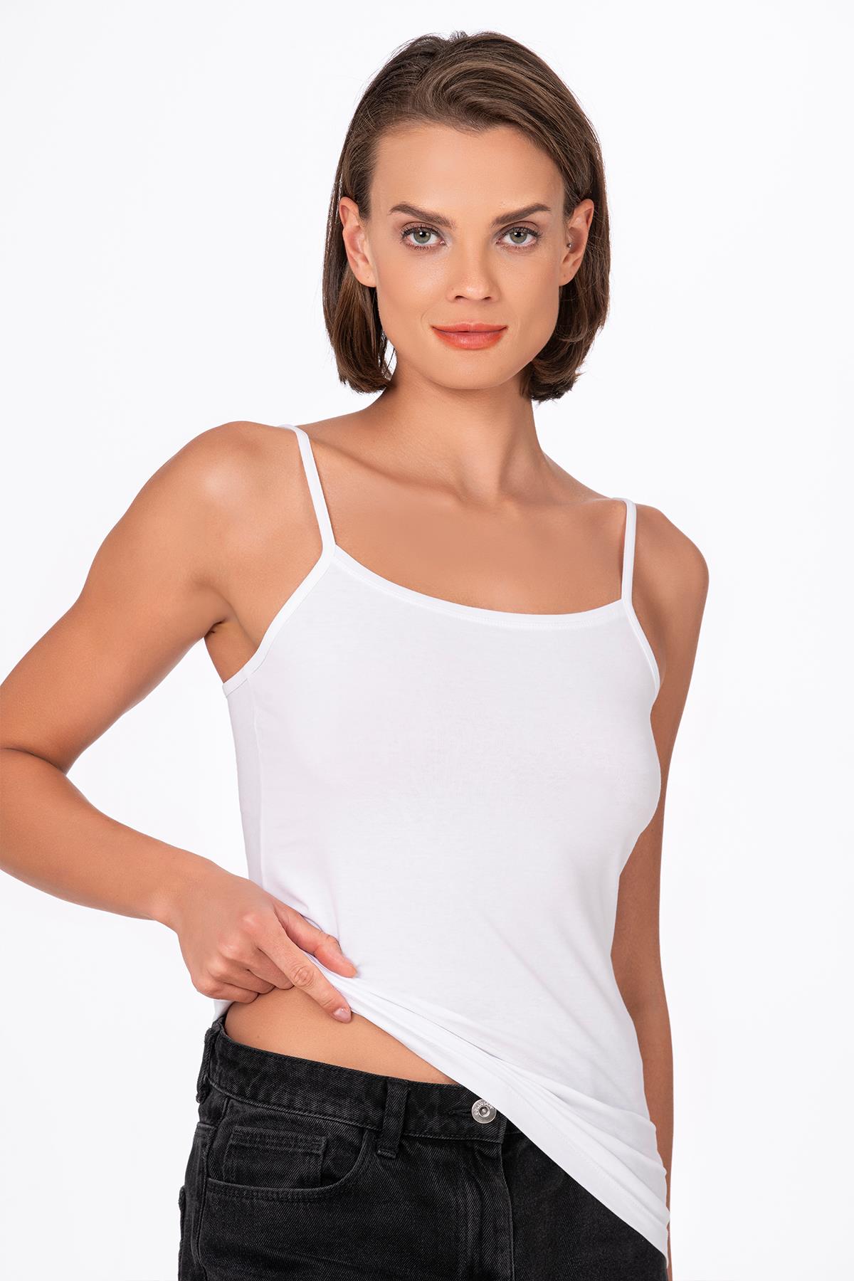 Kadın Pamuklu Likralı Süprem Esnek İnce Askılı Atlet | Beyaz K23319