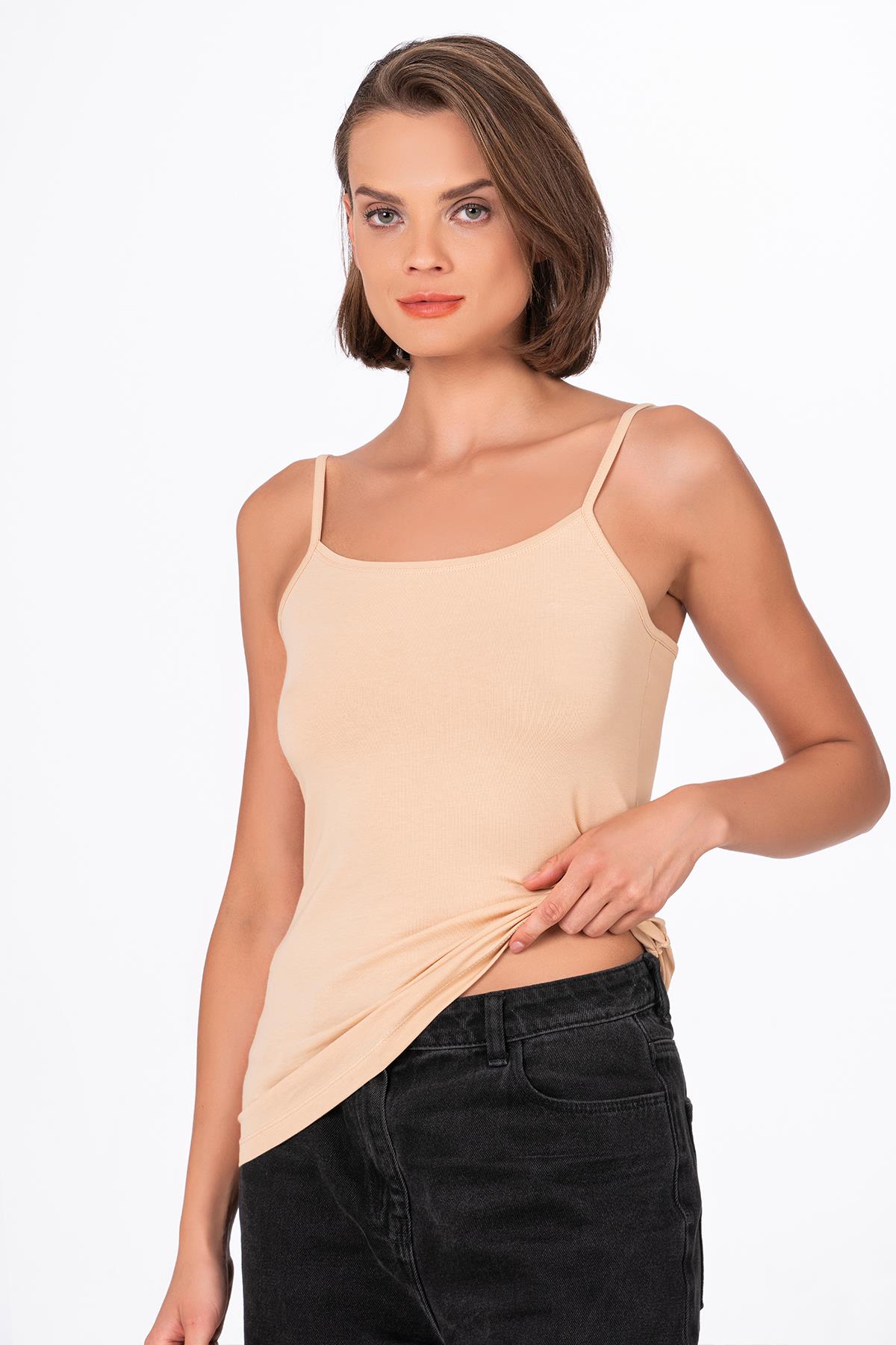 Kadın Pamuklu Likralı Süprem Esnek İnce Askılı Atlet | Ten K23319