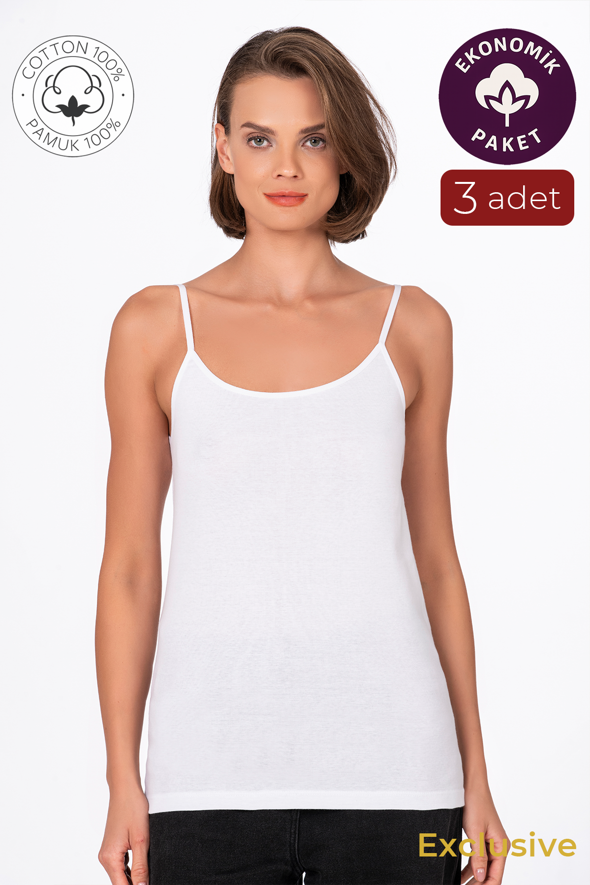 Kadın Pamuklu Ribana İp Askılı Klasik Atlet 3'lü Paket – Esnek & Rahat | Beyaz K0107