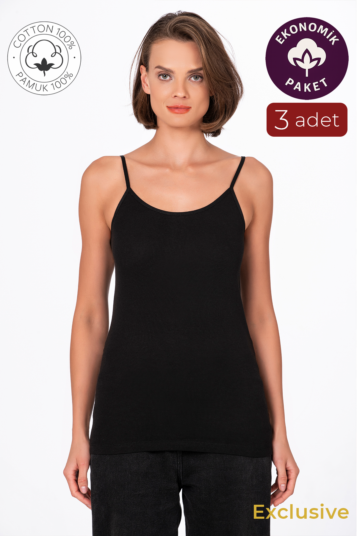 Kadın Pamuklu Ribana İp Askılı Klasik Atlet 3'lü Paket – Esnek & Rahat | Siyah K0107