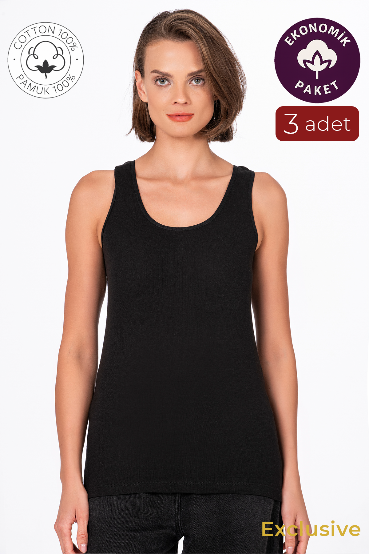 Kadın Pamuklu Ribana Kalın Askılı Atlet 3'lü Paket | Siyah K0111