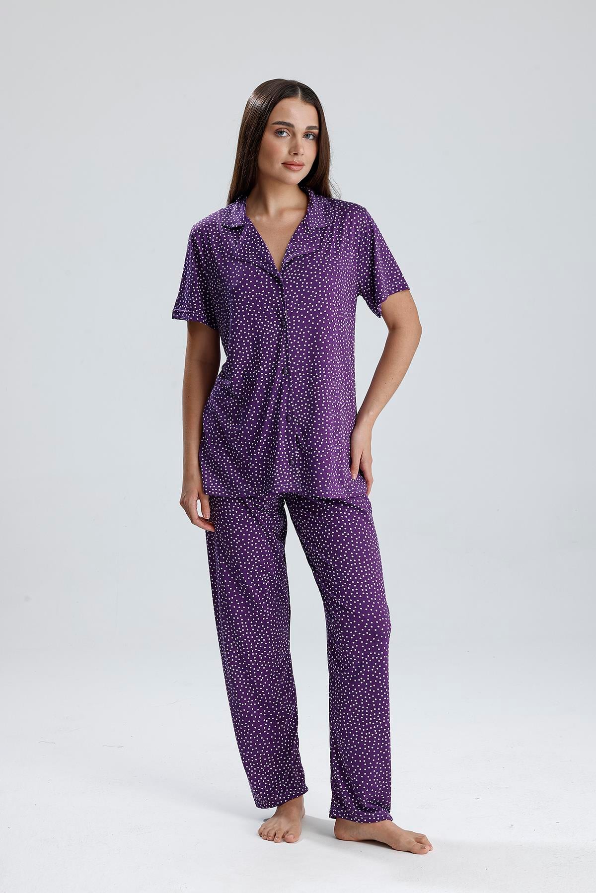 Kadın Puantiye Desen Önden Düğmeli Pijama Takım | Mor