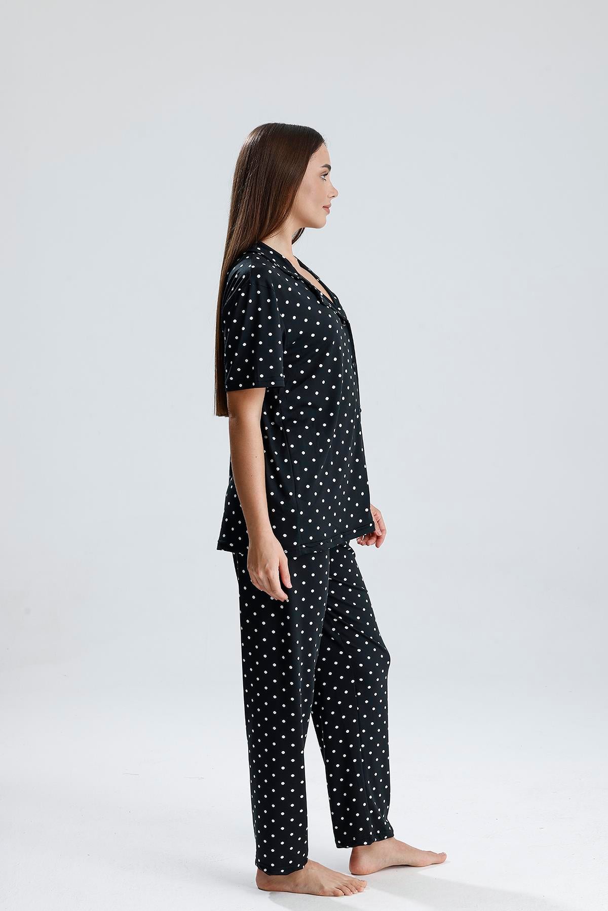 Kadın Puantiye Desen Önden Düğmeli Pijama Takım | Siyah 