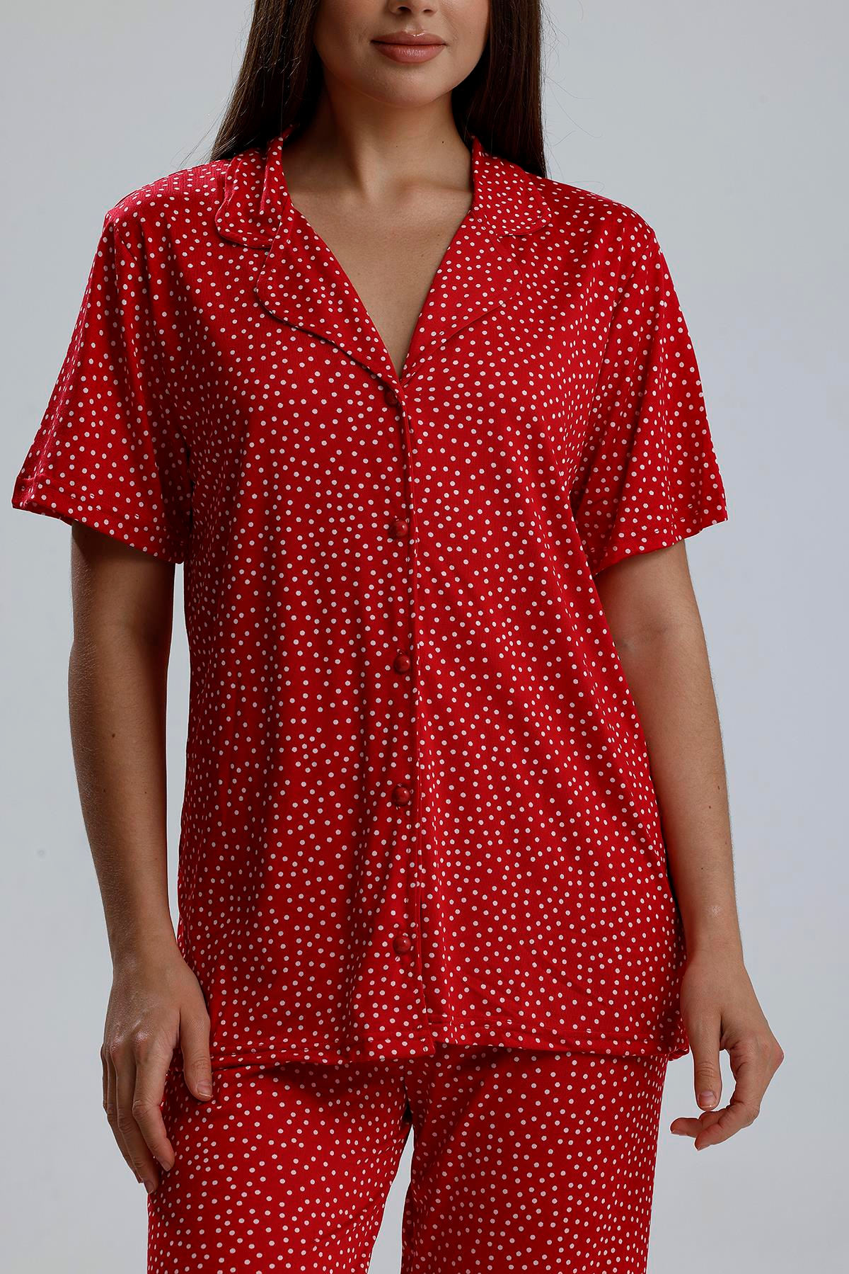 Kadın Puantiye Desen Önden Düğmeli Pijama Takım | Kırmızı