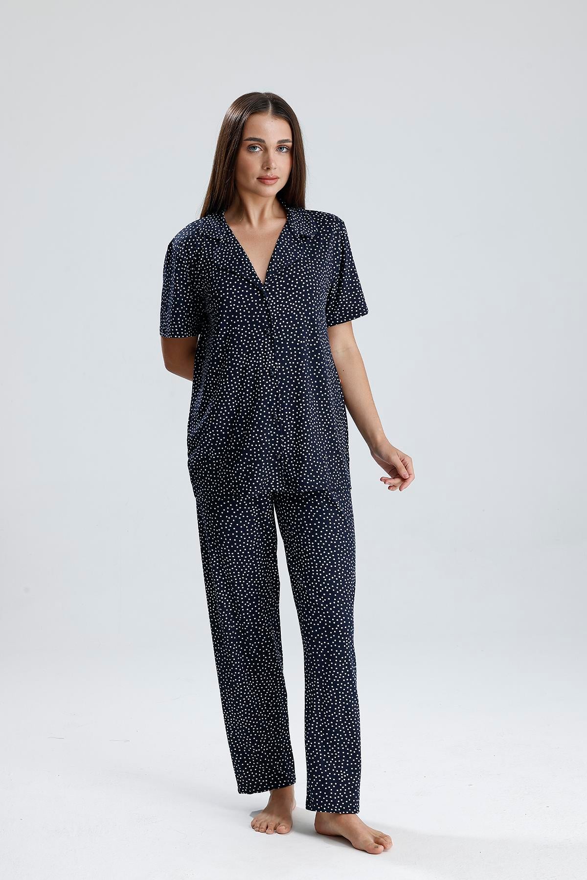 Kadın Puantiye Desen Önden Düğmeli Pijama Takım | Lacivert