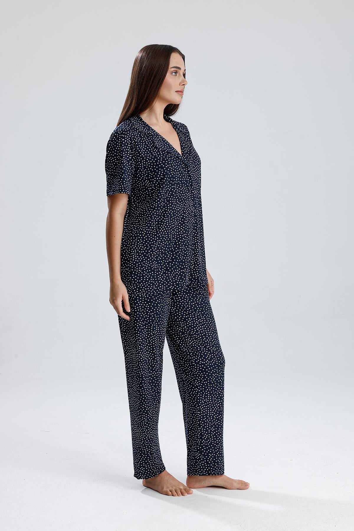 Kadın Puantiye Desen Önden Düğmeli Pijama Takım | Lacivert