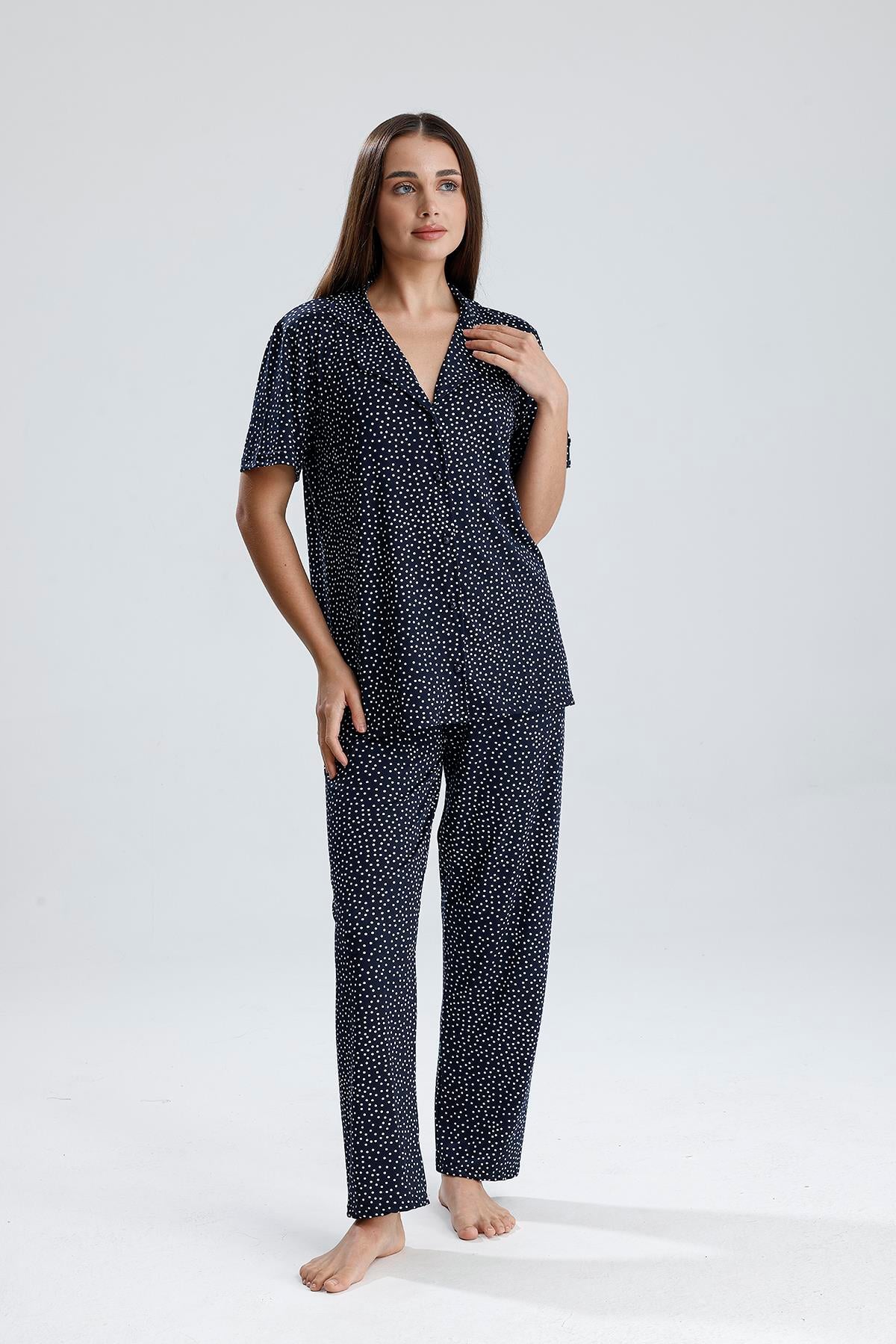 Kadın Puantiye Desen Önden Düğmeli Pijama Takım | Lacivert