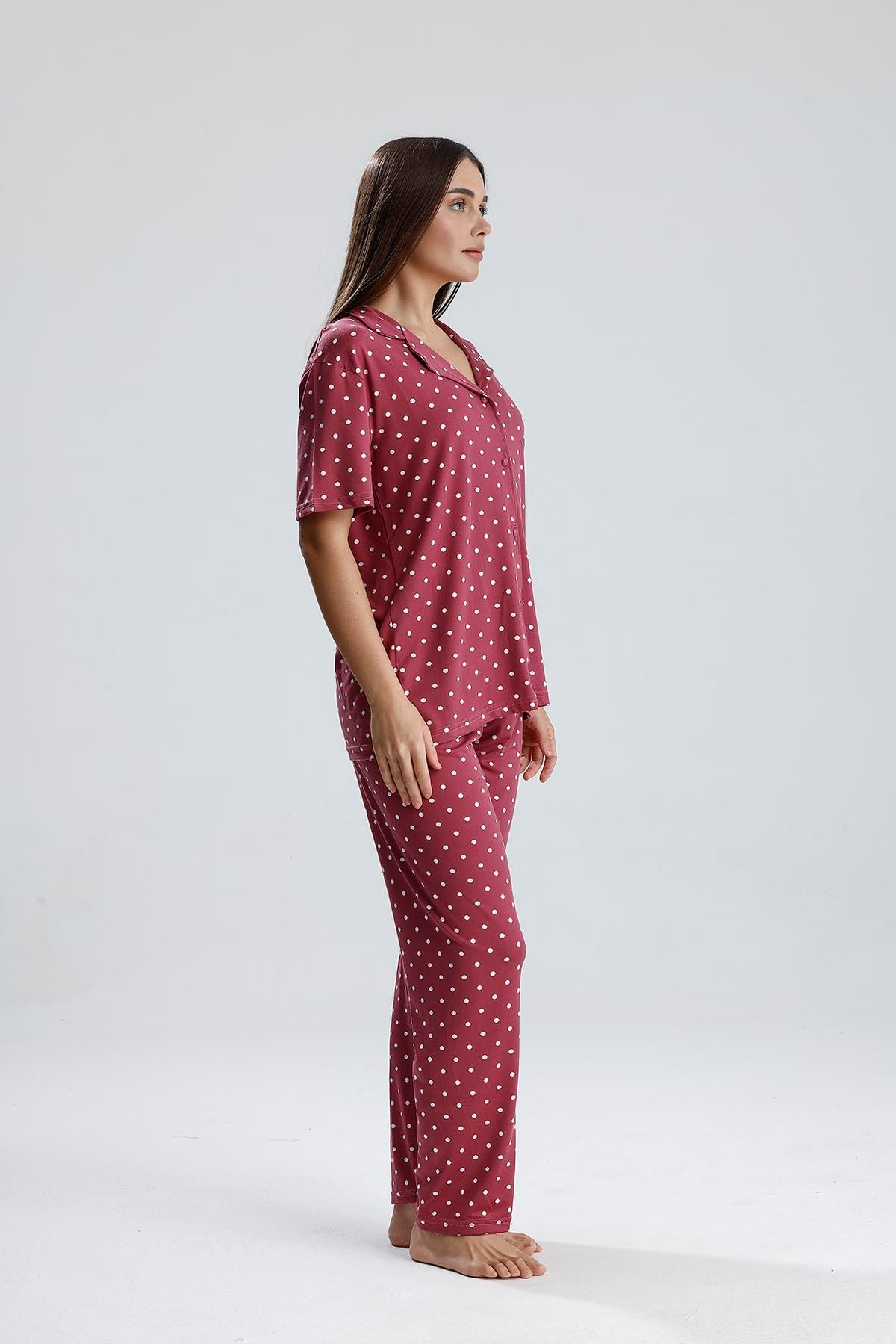 Kadın Puantiye Desen Önden Düğmeli Pijama Takım | Mürdüm