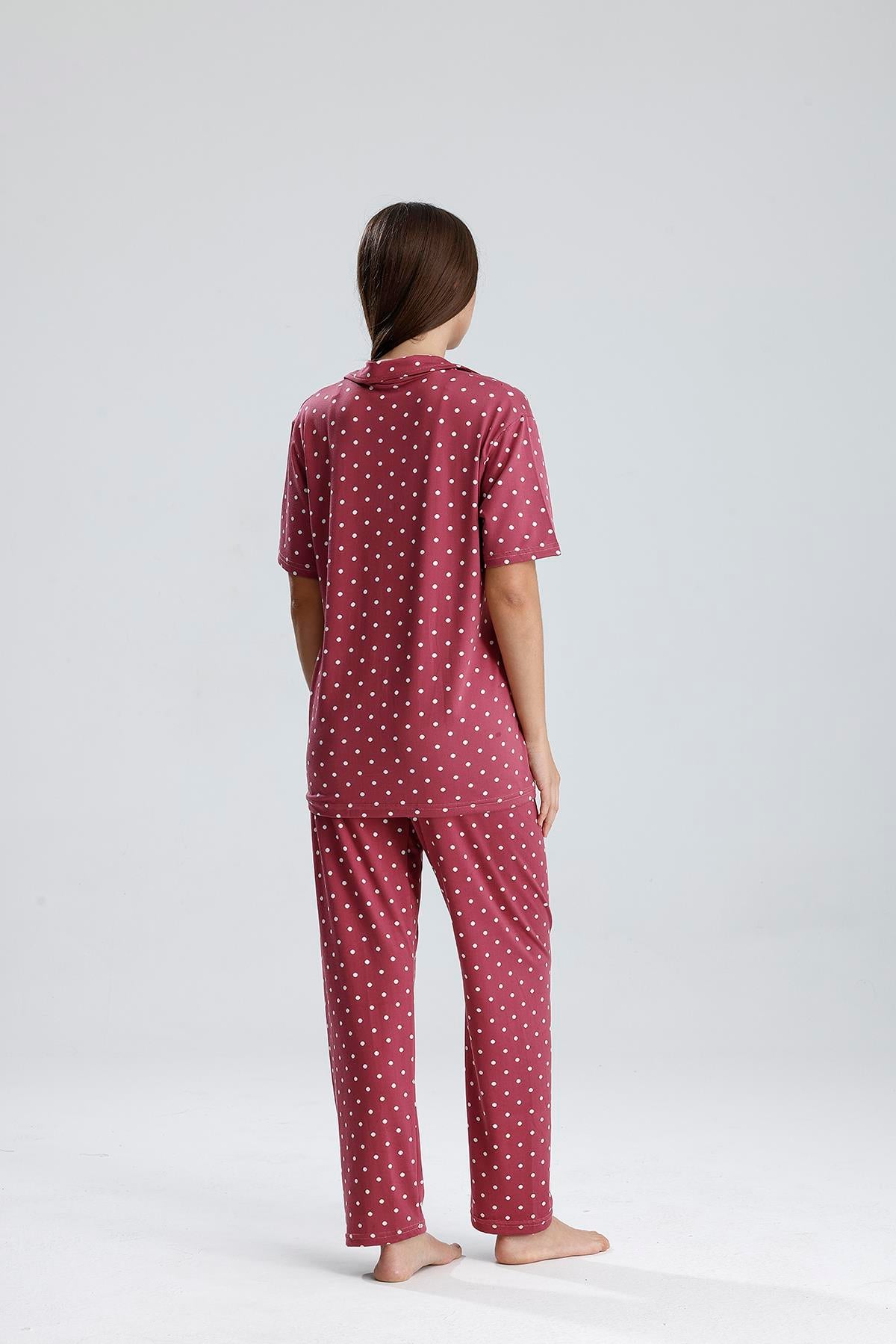 Kadın Puantiye Desen Önden Düğmeli Pijama Takım | Mürdüm