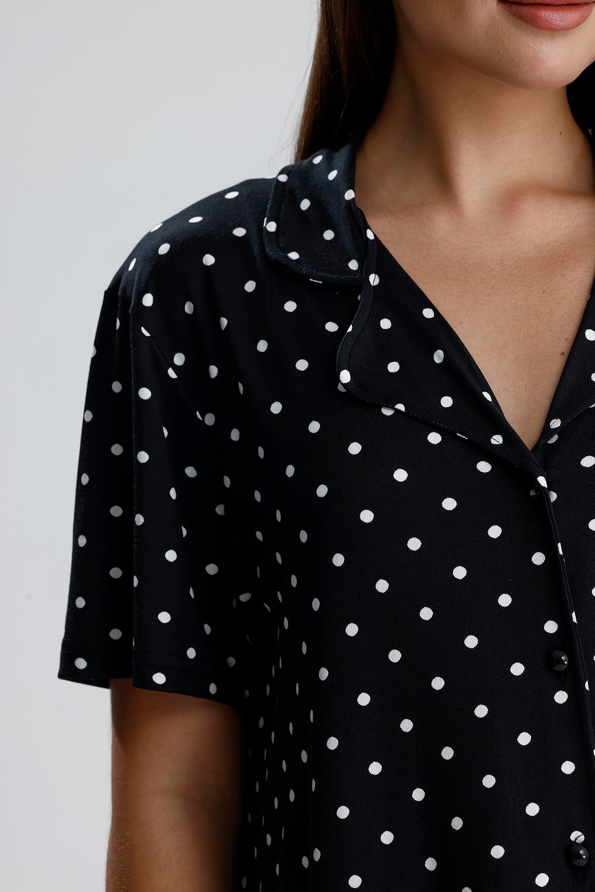 Kadın Puantiye Desen Önden Düğmeli Pijama Takım | Siyah 