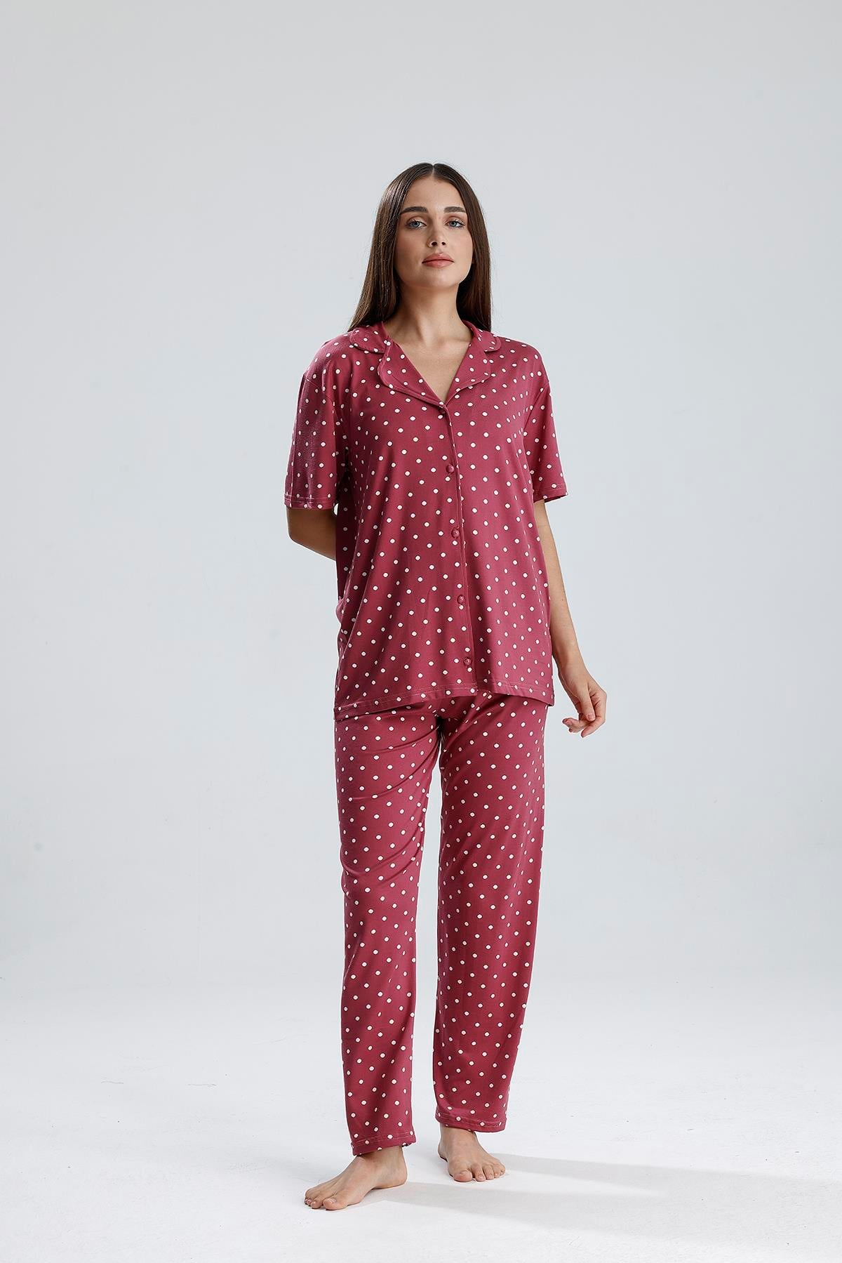 Kadın Puantiye Desen Önden Düğmeli Pijama Takım | Mürdüm