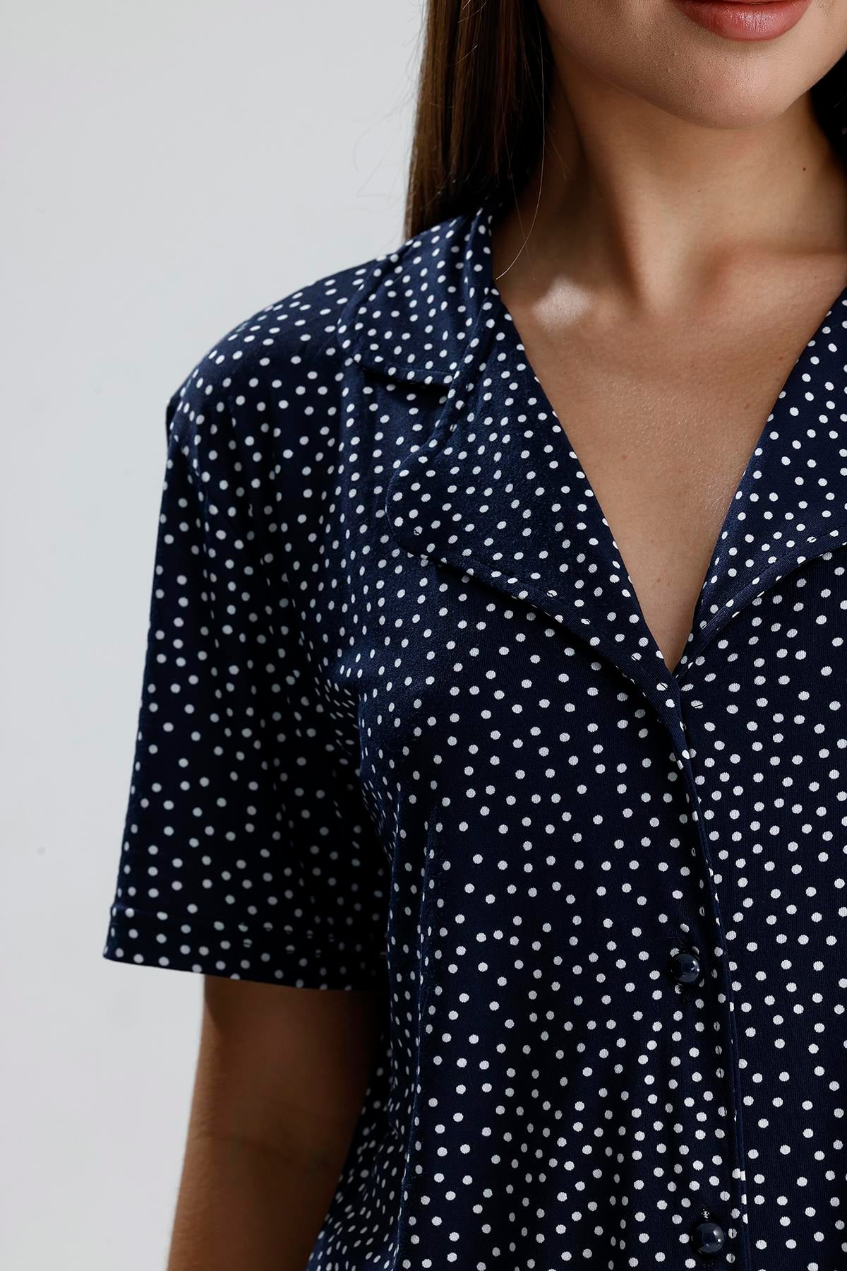 Kadın Puantiye Desen Önden Düğmeli Pijama Takım | Lacivert