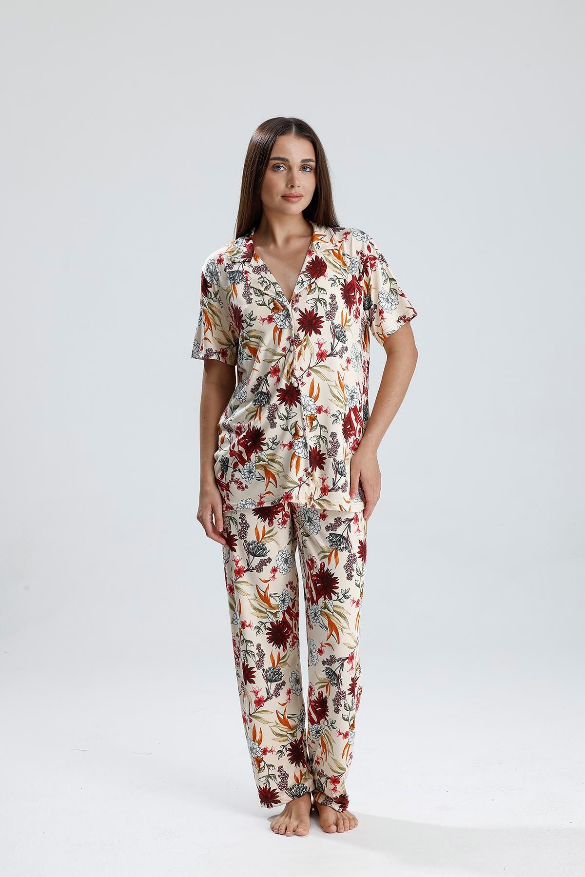 Kadın Şal Desen Önden Düğmeli Pijama Takım