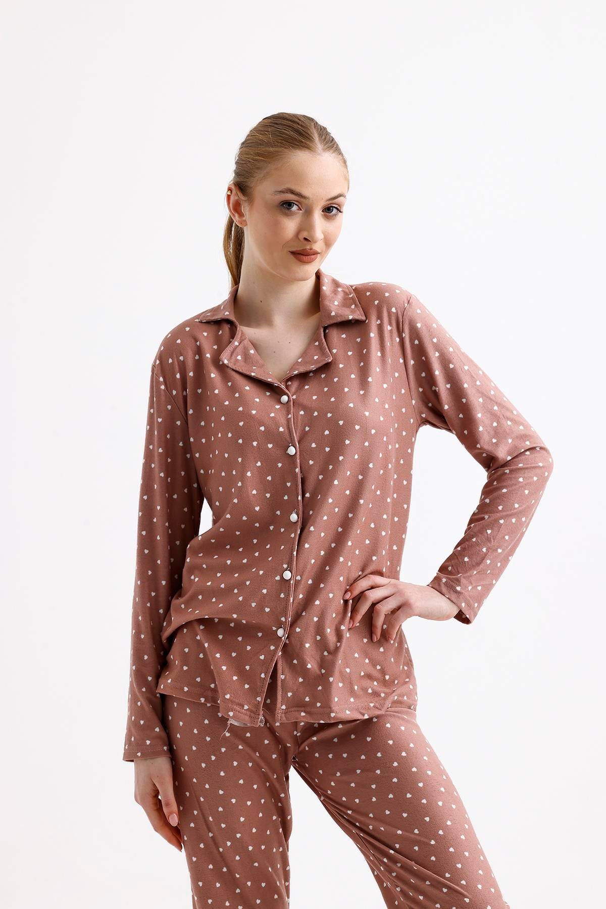 Kadın Süet Önden Düğmeli Pijama Takımı | Kalpli Gül Kurusu