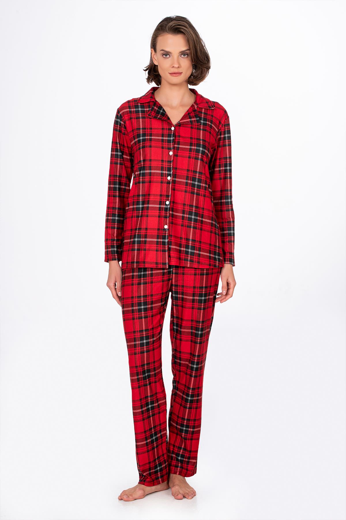 Kadın Süet Önden Düğmeli Pijama Takımı | Ekose Kırmızı