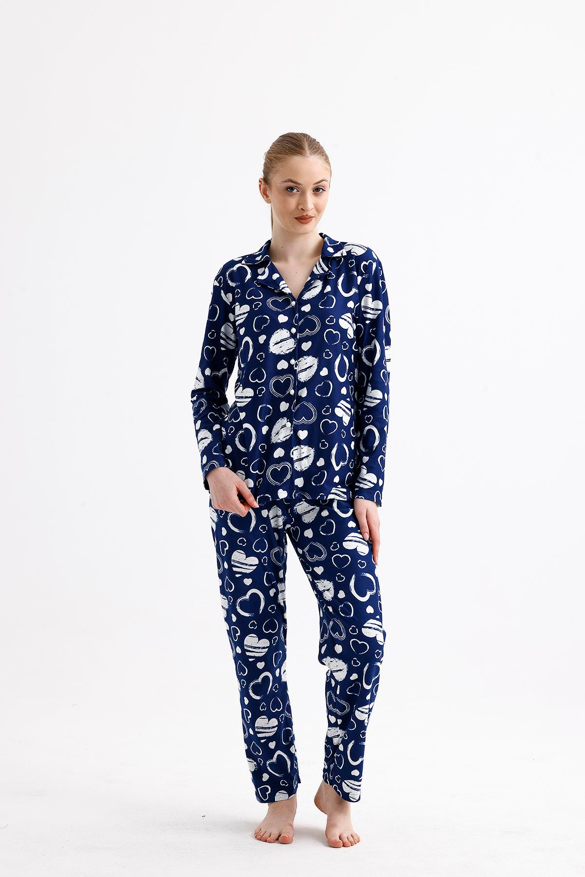 Kadın Süet Önden Düğmeli Pijama Takımı | Mavi