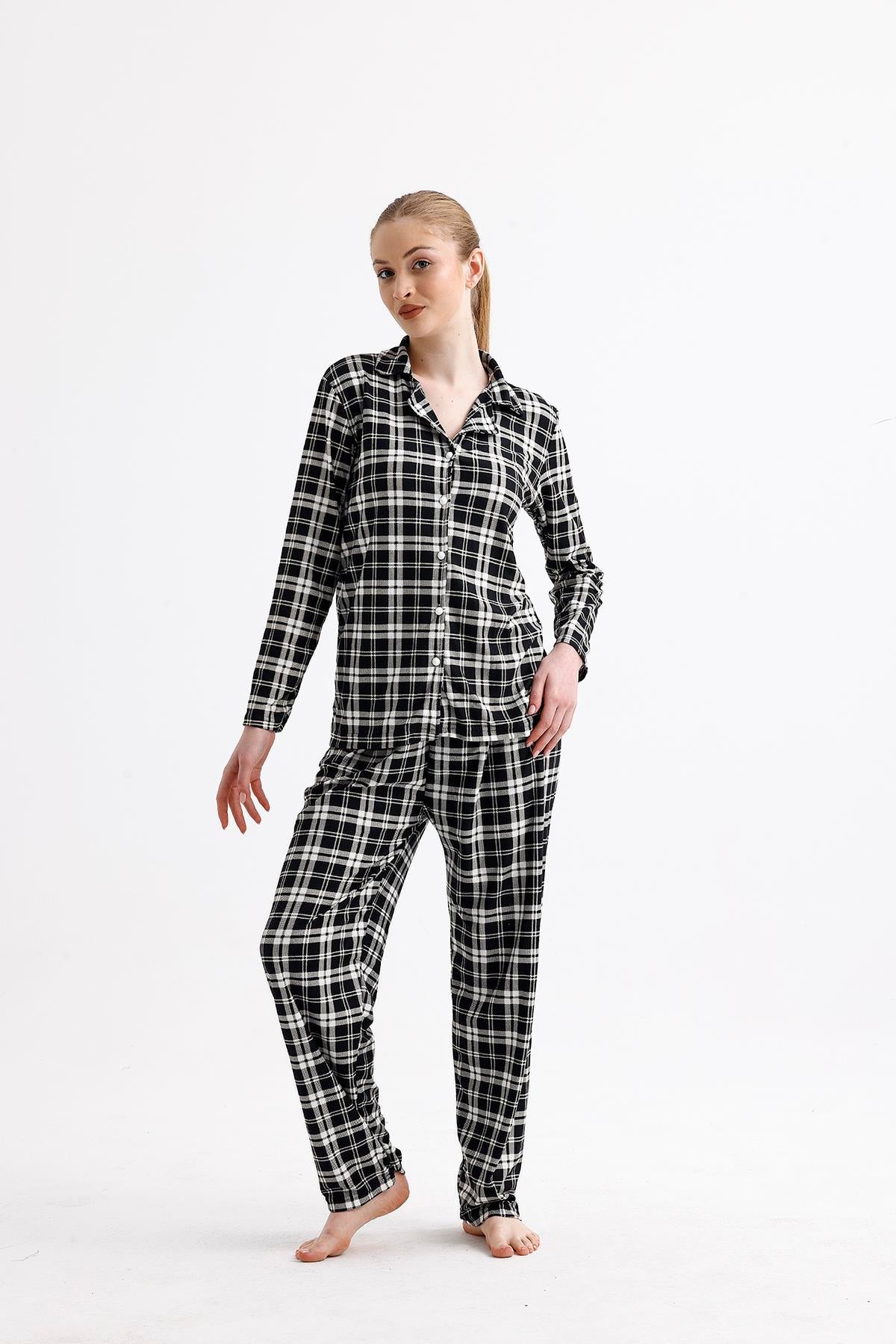 Kadın Süet Önden Düğmeli Pijama Takımı | Ekose Siyah