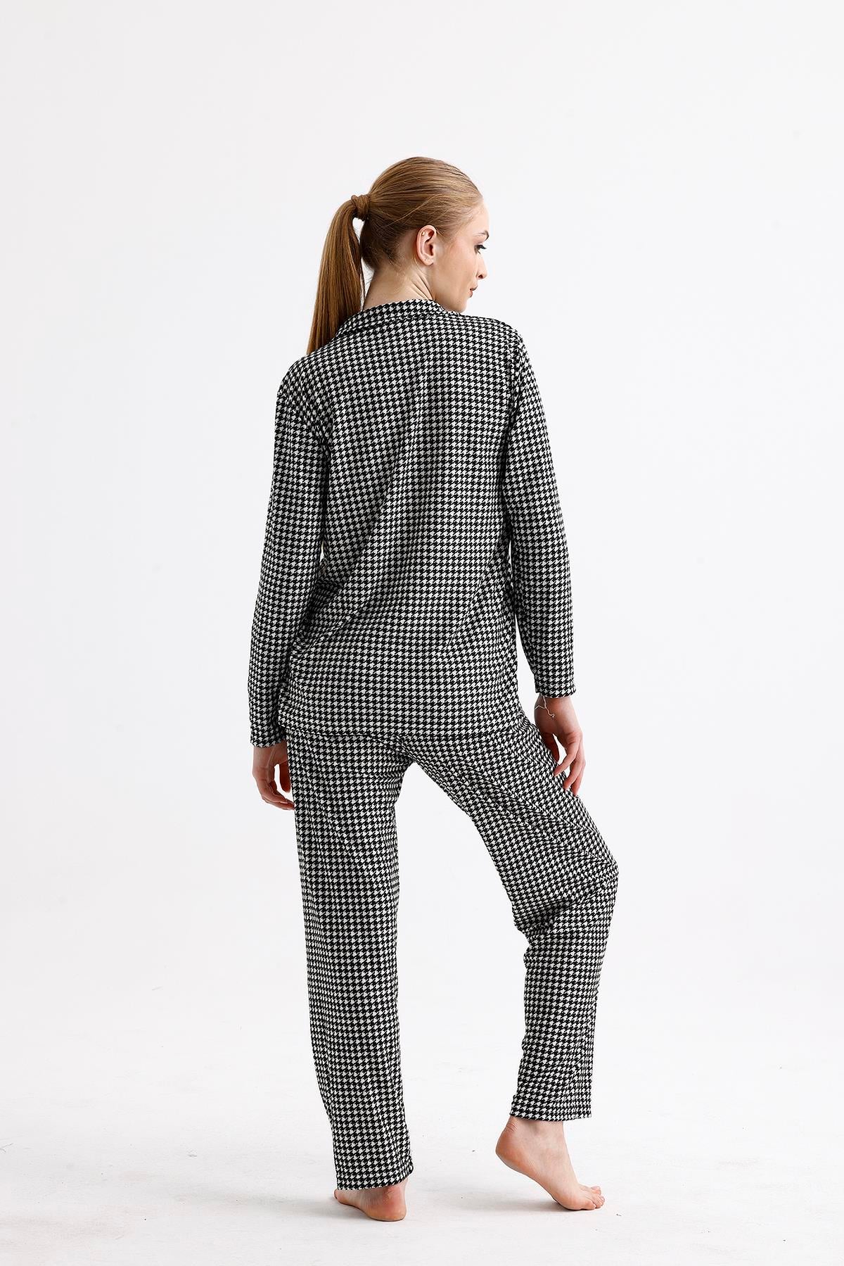 Kadın Süet Önden Düğmeli Pijama Takımı | Siyah - Beyaz
