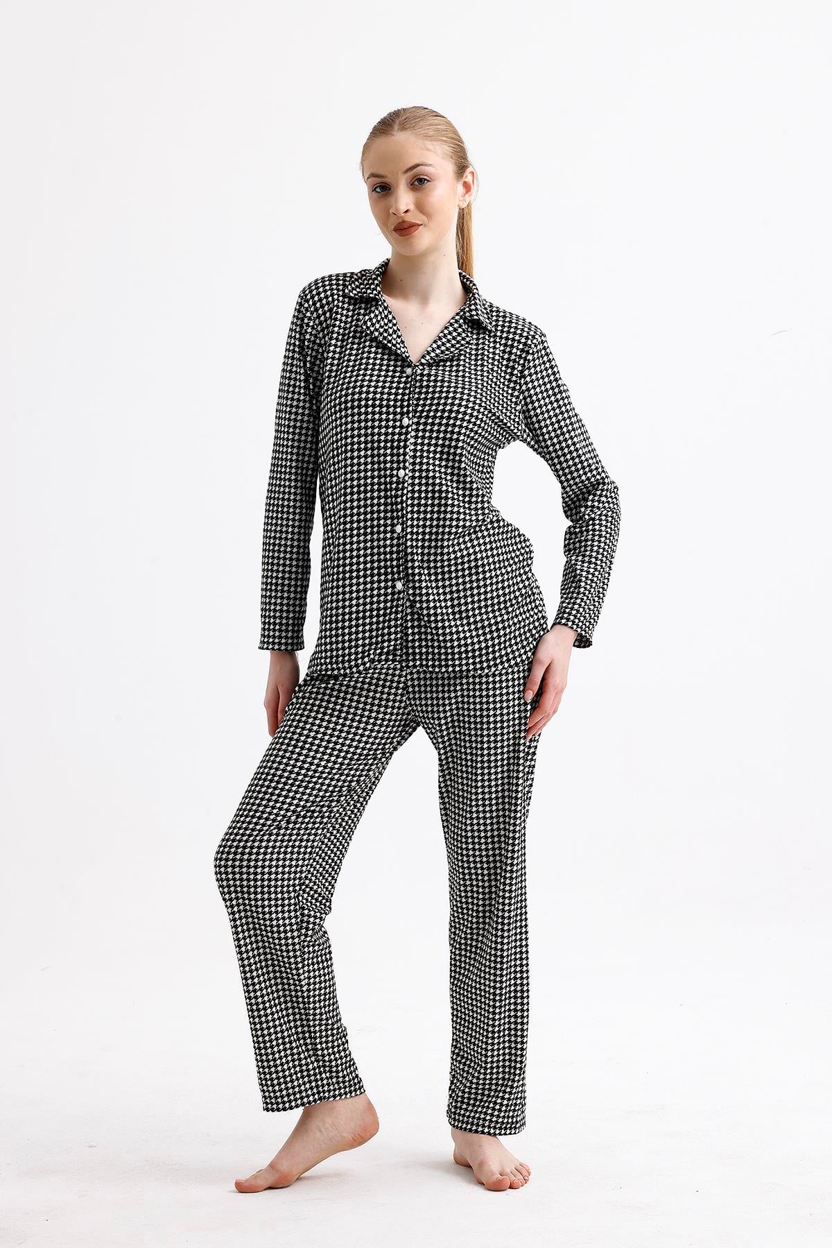 Kadın Süet Önden Düğmeli Pijama Takımı | Siyah - Beyaz