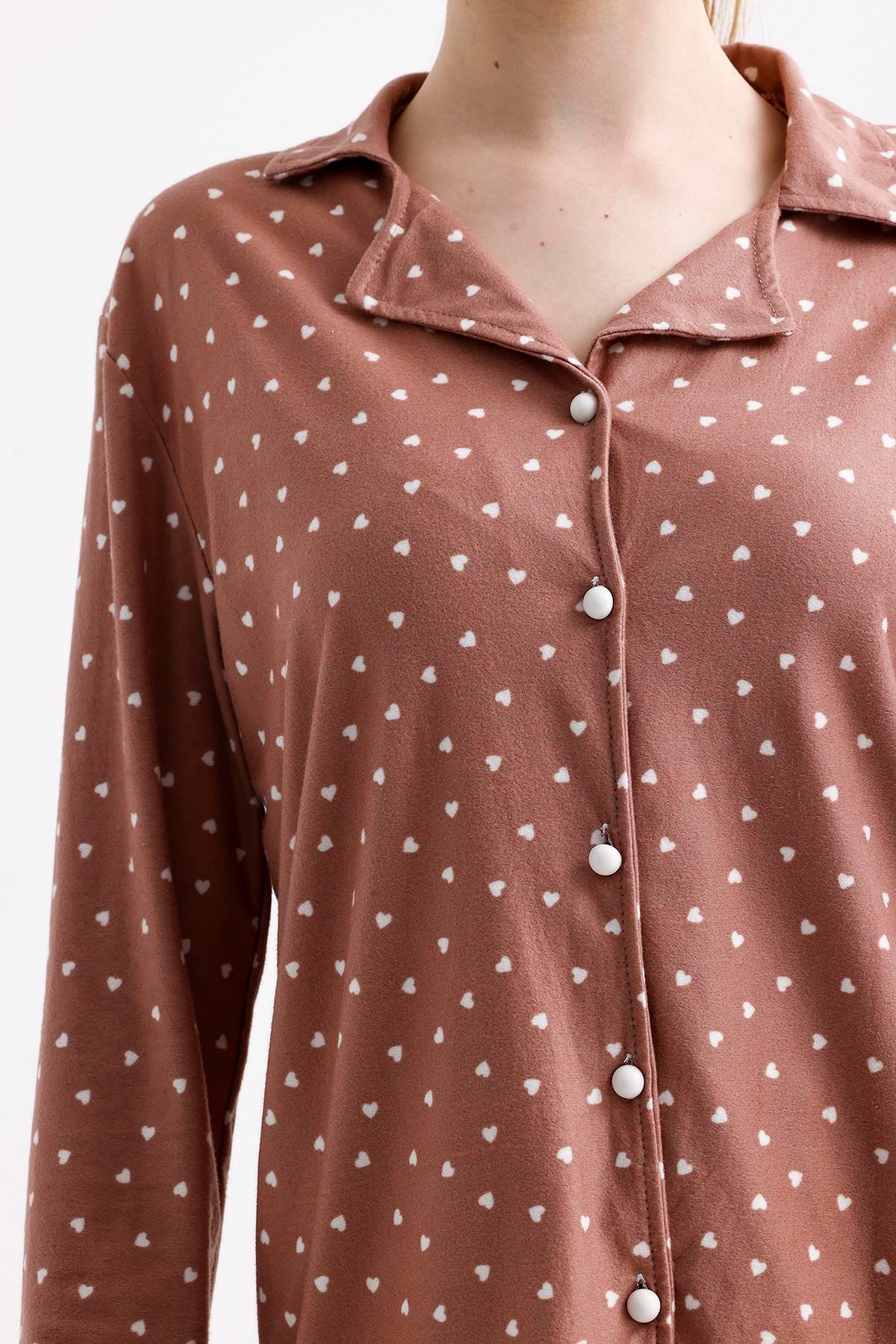 Kadın Süet Önden Düğmeli Pijama Takımı | Kalpli Gül Kurusu
