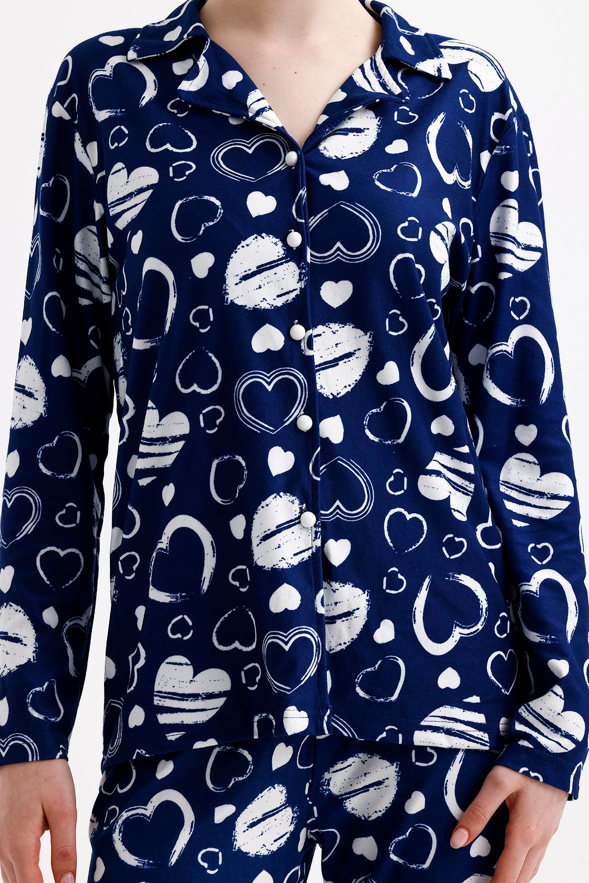 Kadın Süet Önden Düğmeli Pijama Takımı | Mavi