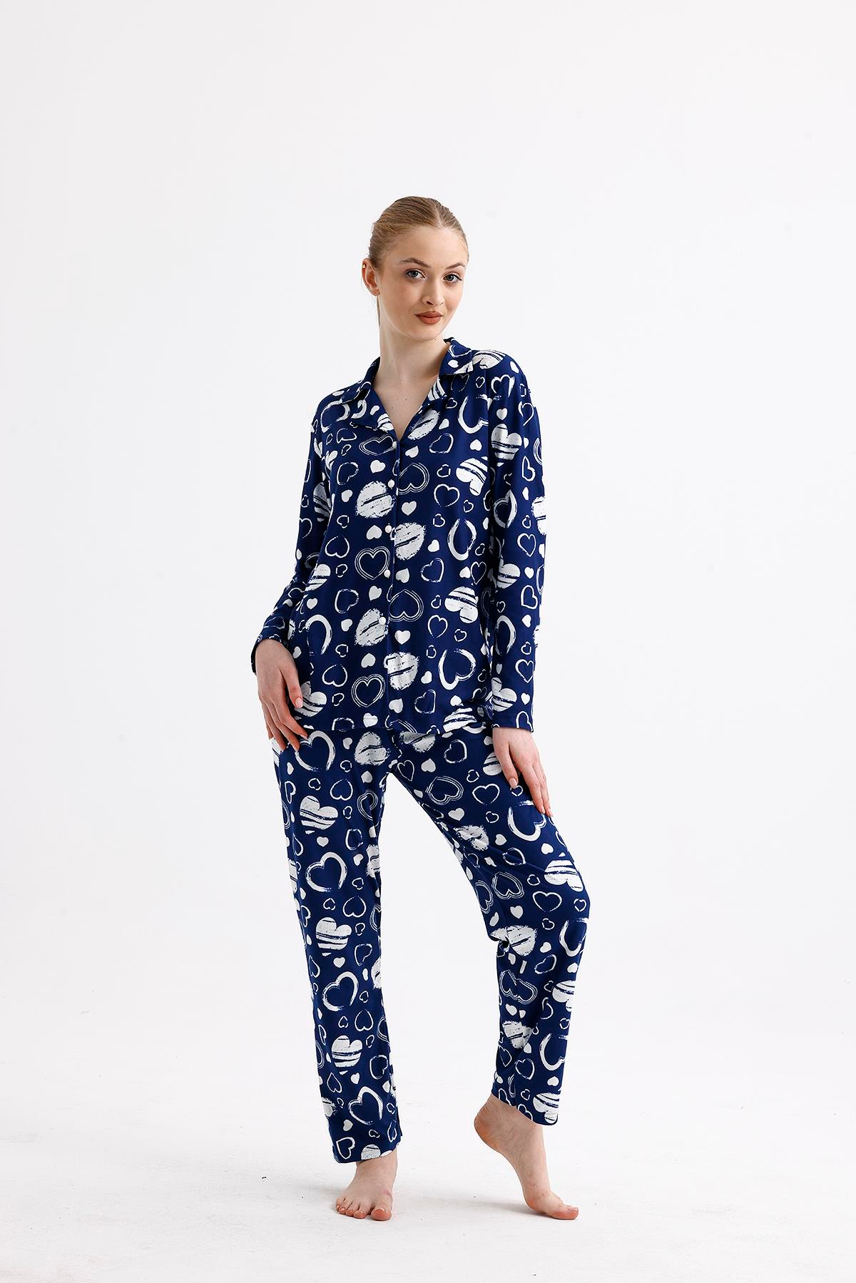 Kadın Süet Önden Düğmeli Pijama Takımı | Mavi