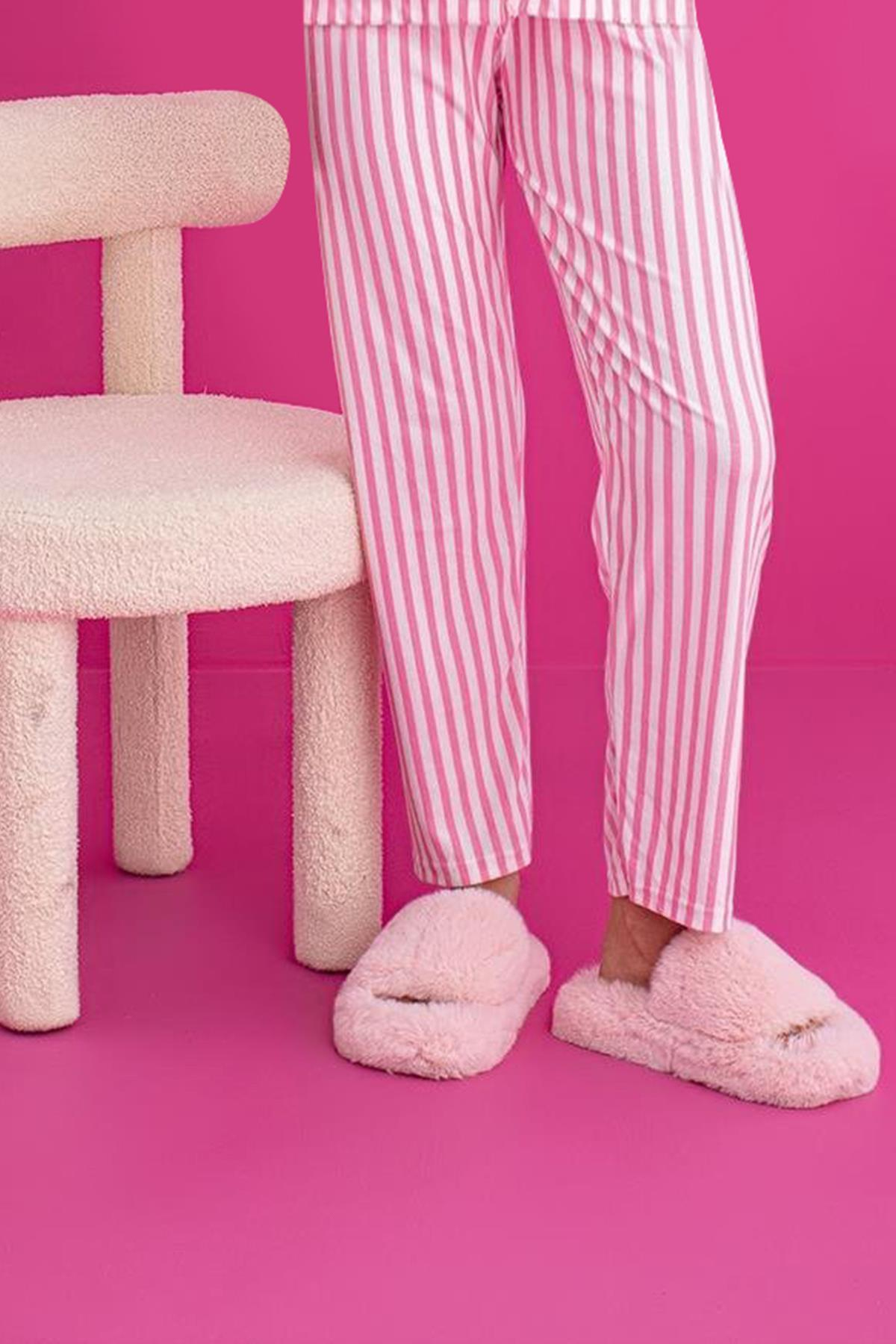 Kadın Süet Pijama Tek Alt | Çizgili Pembe