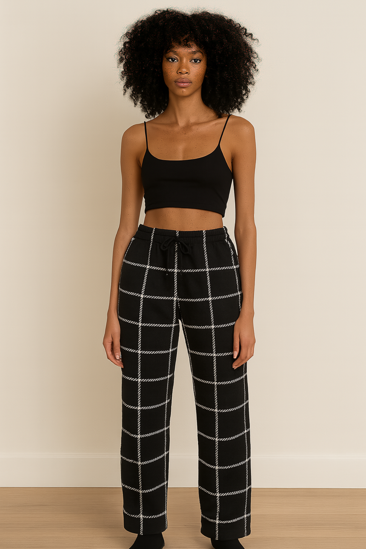Kadın Süet Pijama Tek Alt | Ekose Siyah