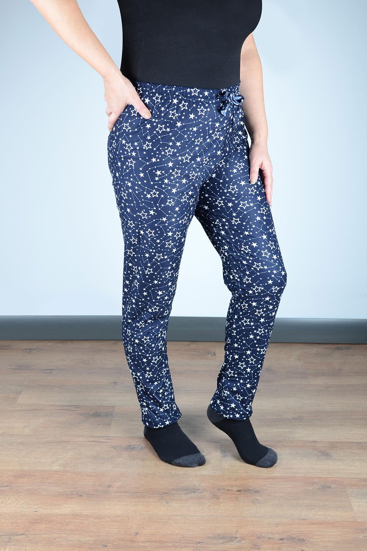 Kadın Süet Pijama Tek Alt | Lacivert Yıldızlı