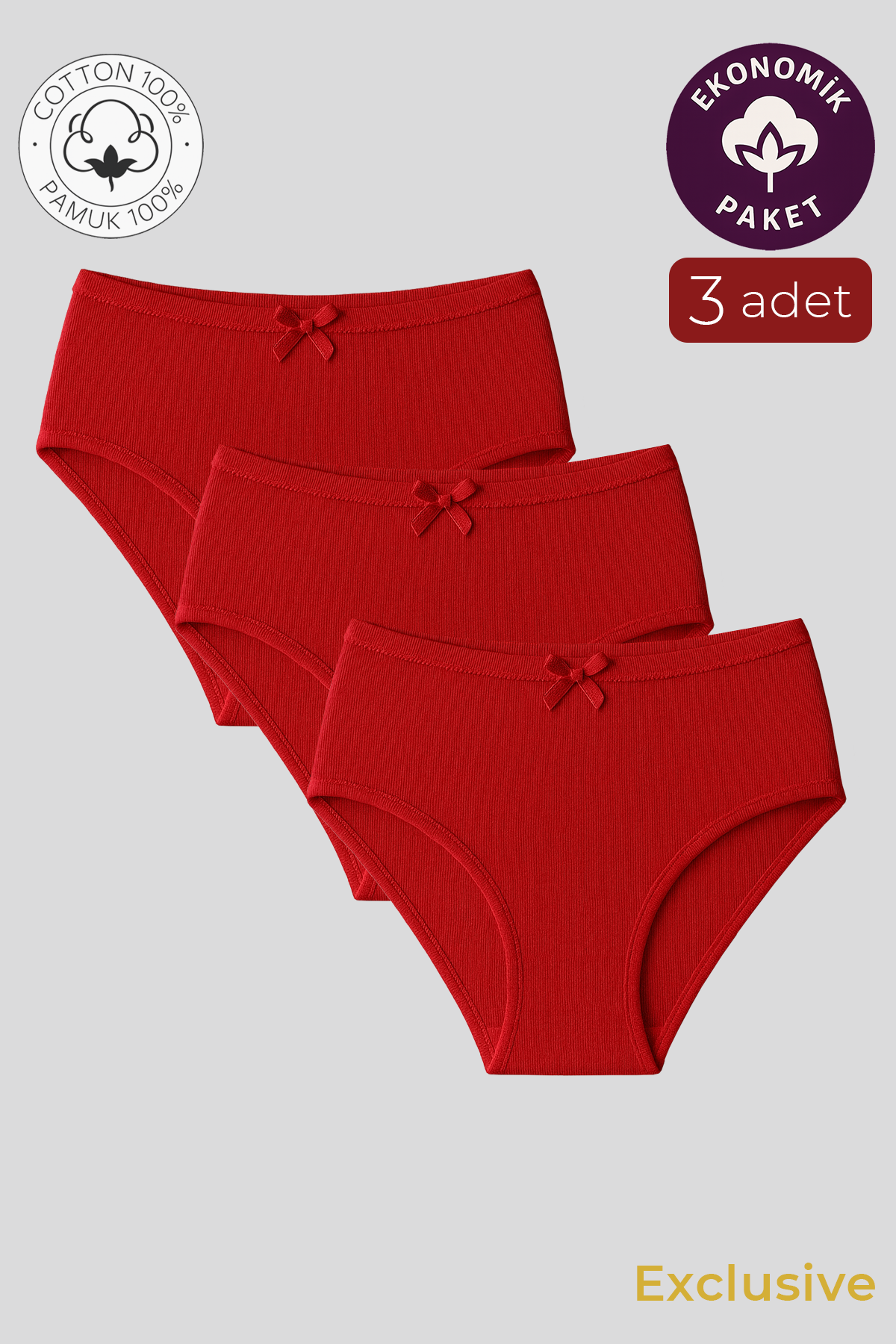 Kadın Yüksek Bel Pamuklu Ribana Slip Külot 3'lü Paket – Esnek & Rahat | Kırmızı K0305