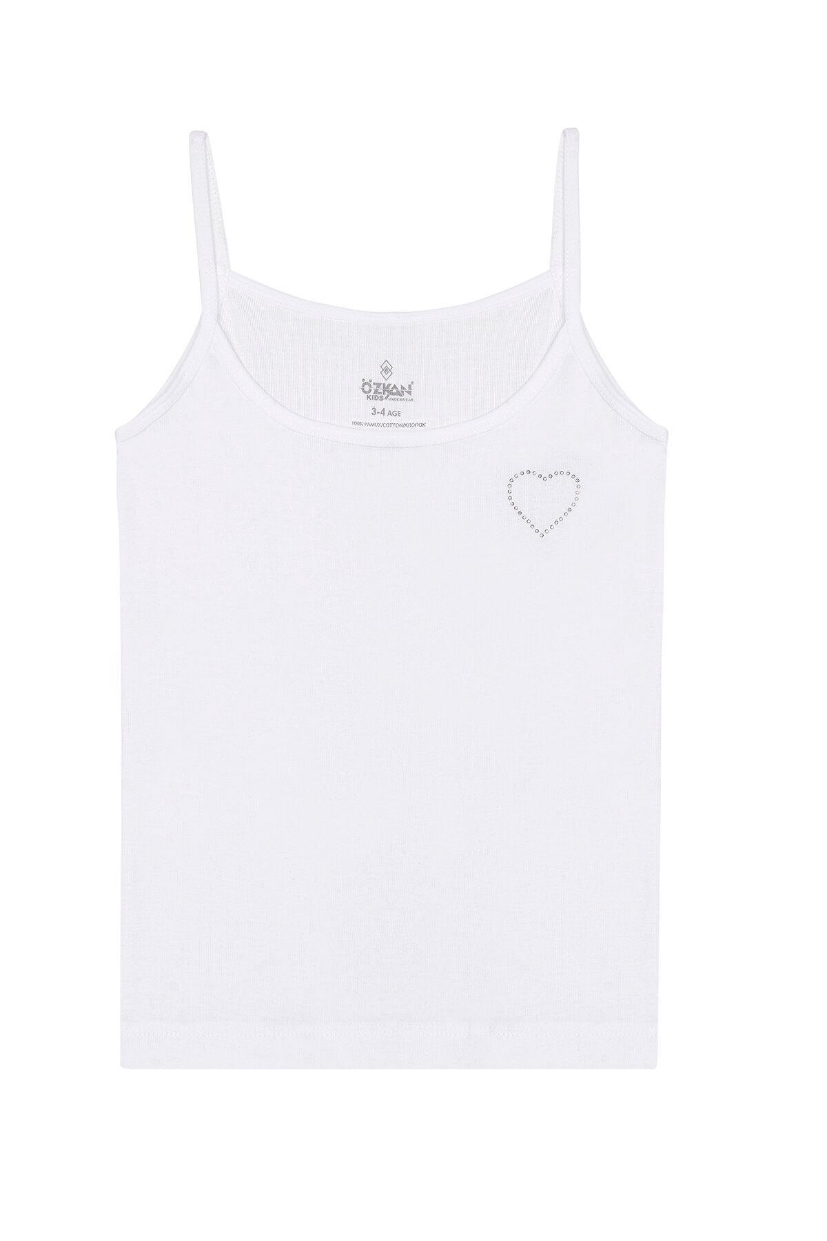 Kız Çocuk %100 Pamuklu Ribana Önü Taşlı İp Askılı Atlet | Beyaz K0817