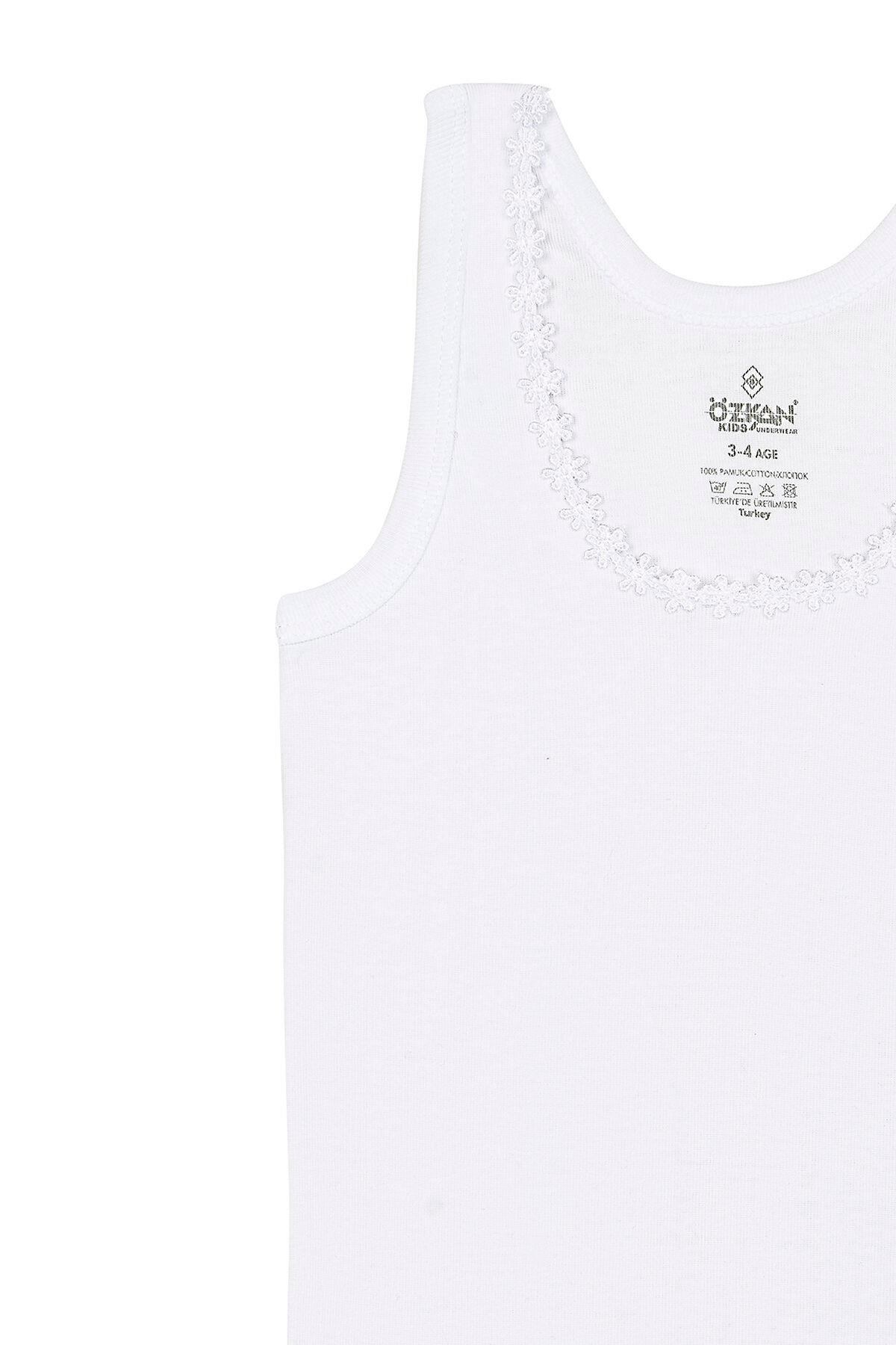 Kız Çocuk %100 Pamuklu Ribana Yakası Çiçek Desenli Kalın Askılı Atlet | Beyaz K0800