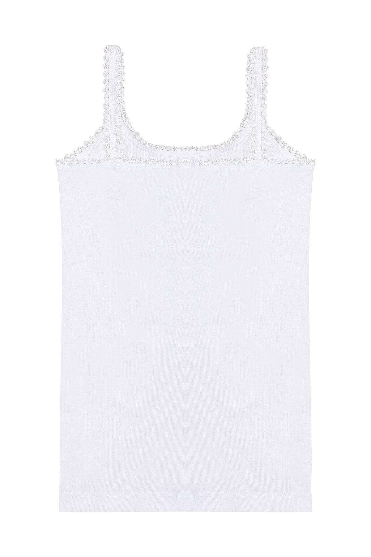 Kız Çocuk %100 Pamuklu Ribana Yakası Dantel Detaylı İnce Askılı Örme Atlet | Beyaz K1610