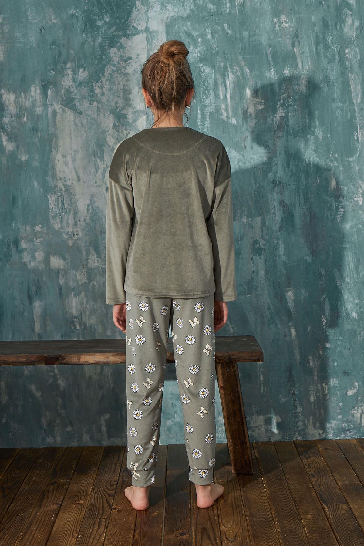 Kız Çocuk Kadife Bisiklet Yaka Altı Uzun Pijama Takım | Arcan 13353-37