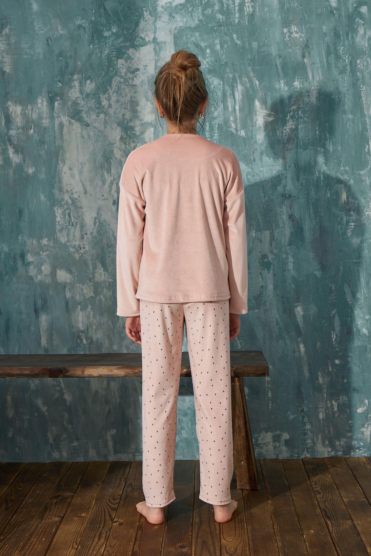Kız Çocuk Kadife Bisiklet Yaka Altı Uzun Pijama Takım | Arcan 13352-2
