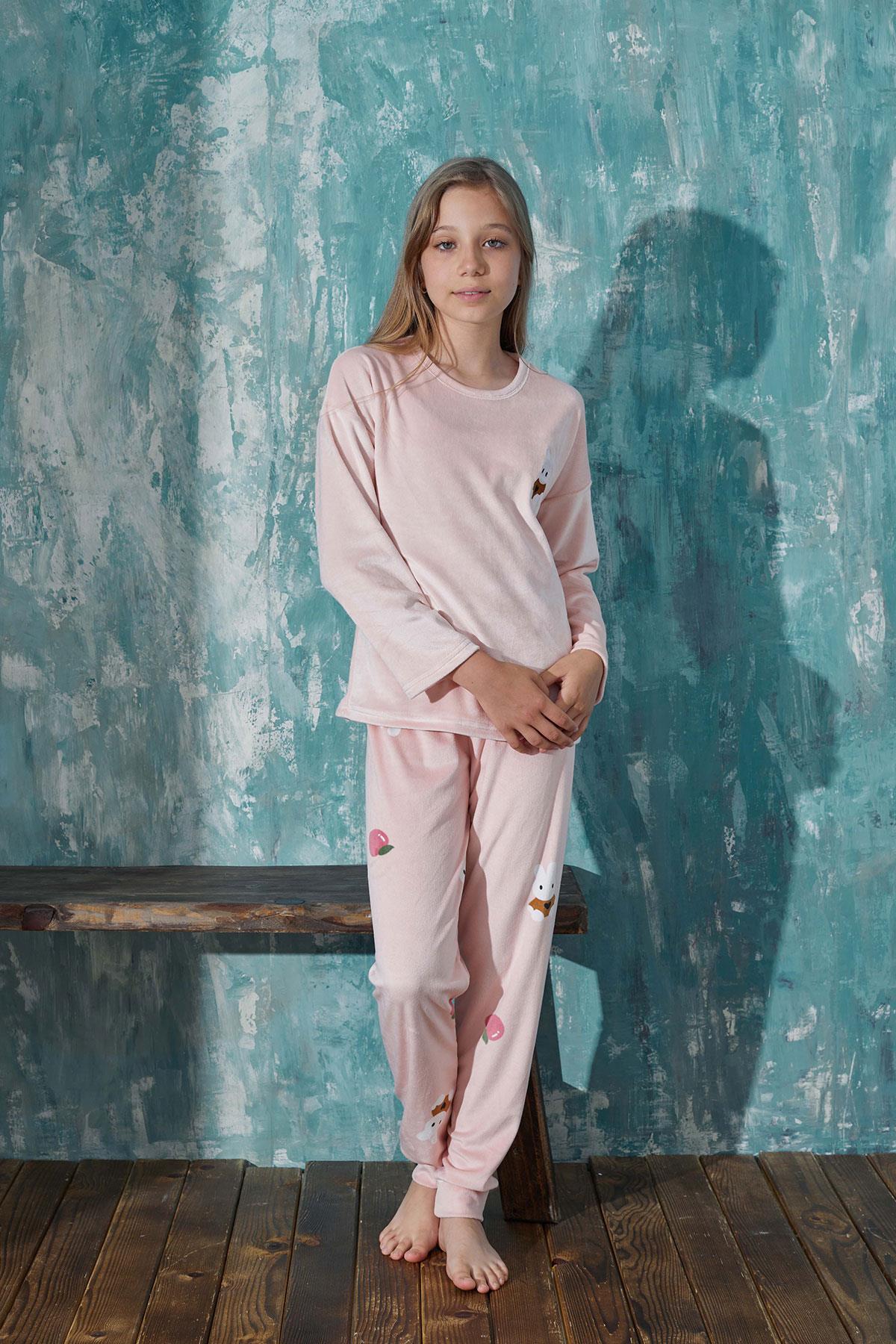 Kız Çocuk Kadife Bisiklet Yaka Altı Uzun Pijama Takım | Arcan 13353-74