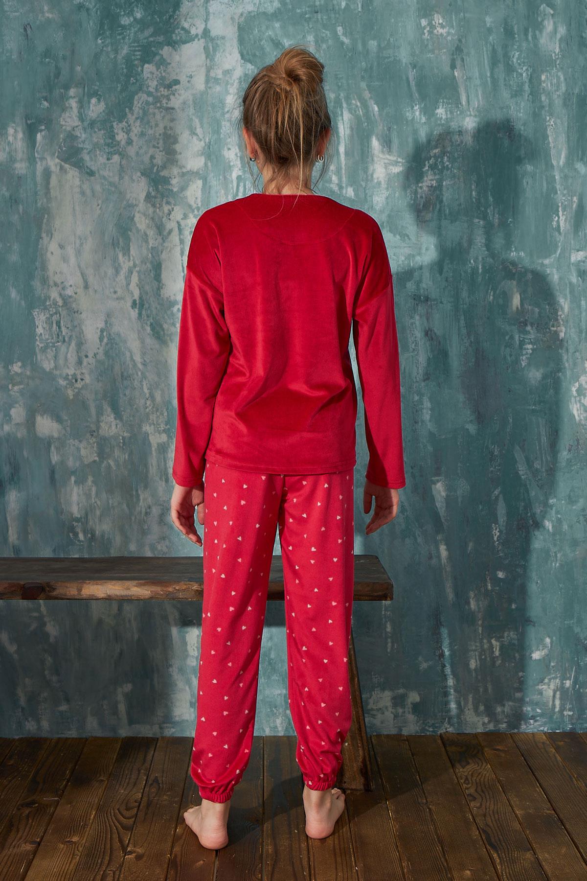 Kız Çocuk Kadife Bisiklet Yaka Altı Uzun Pijama Takım | Arcan 13351-59