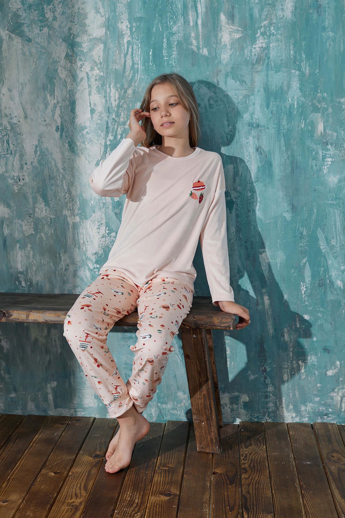 Kız Çocuk Kadife Bisiklet Yaka Altı Uzun Pijama Takım | Arcan 13353-73